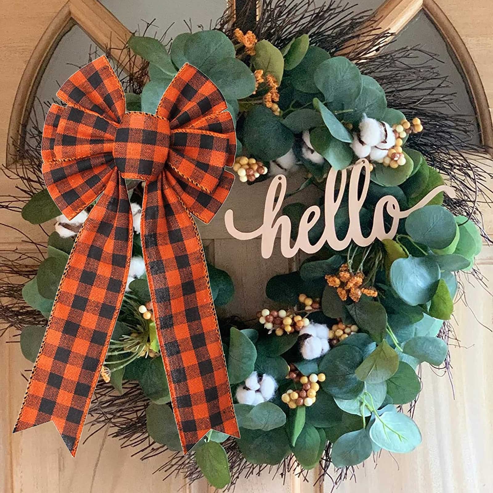 5.9×11.8 in Orange Black Buffalo Plaid Bow Holiday Wreath DIY Crafts Burlap