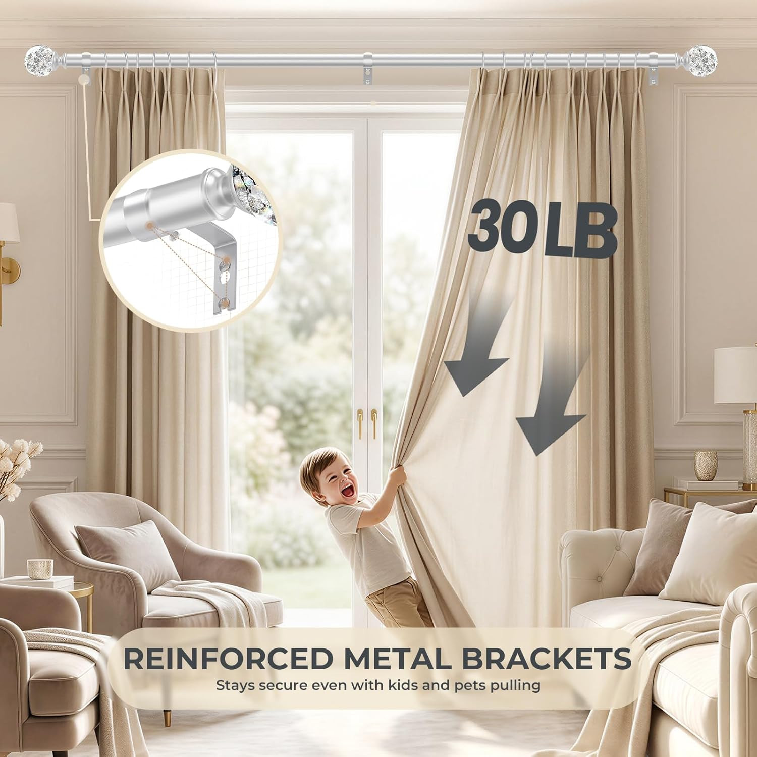 Silver Decorative Crystal Curtain Rods:18-45 Inch Heavy Duty Adjustable Window C
