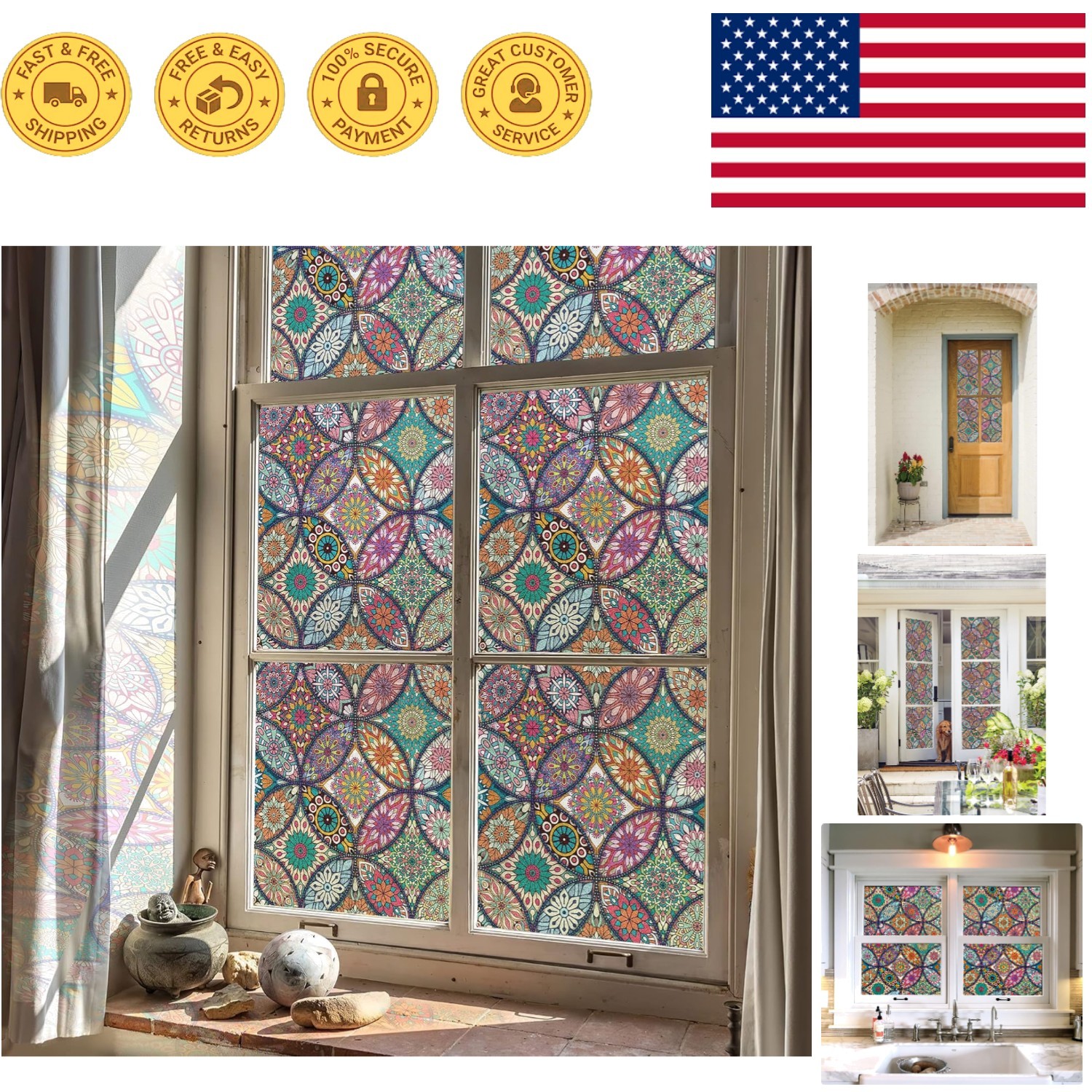 Boho Frosted Window Privacy Film – Customizable Non-Adhesive Cling 118.1″x17.3″