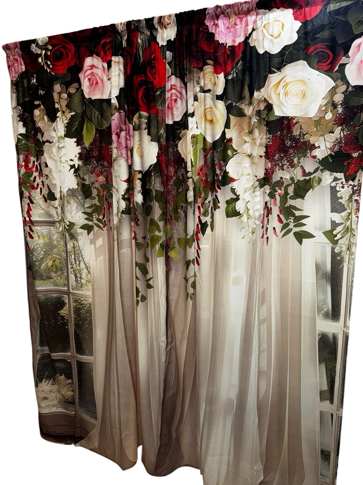 2 Thick Floral Window Curtain Panels 81×49 Red White Pink Rose Garden Rod Pocket