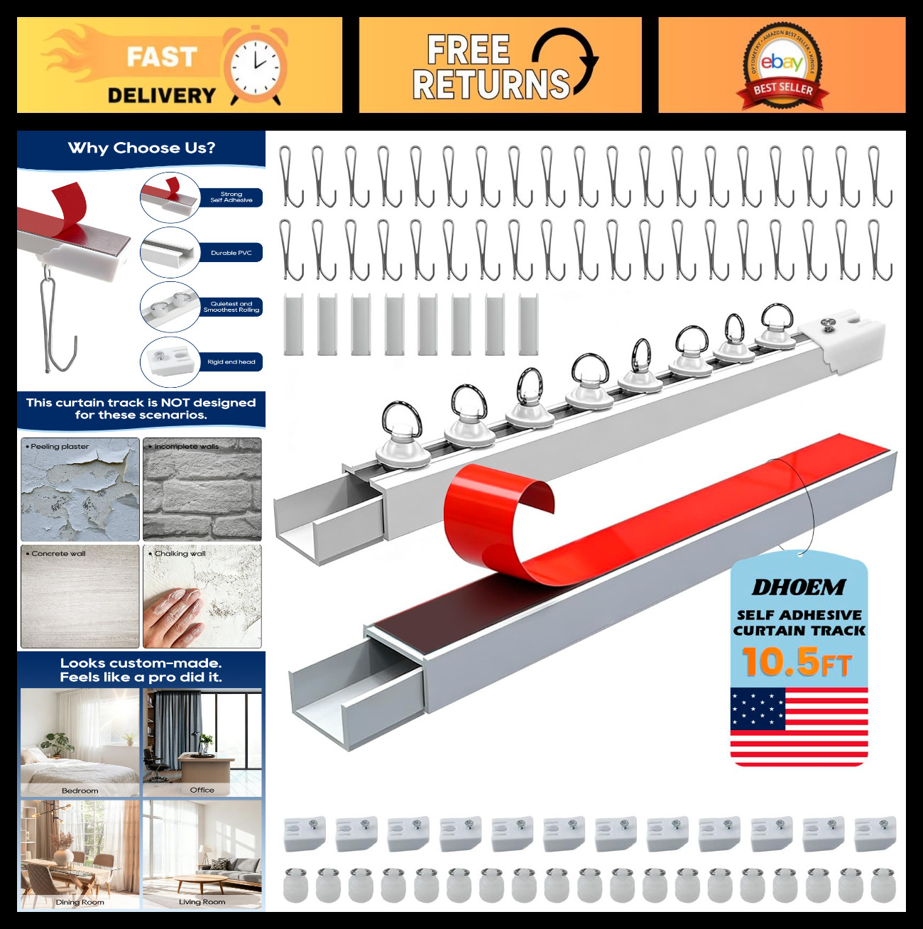 10.5 FT Self-Adhesive Ceiling Curtain Track – No Drill, Easy Install, Curtain Ro