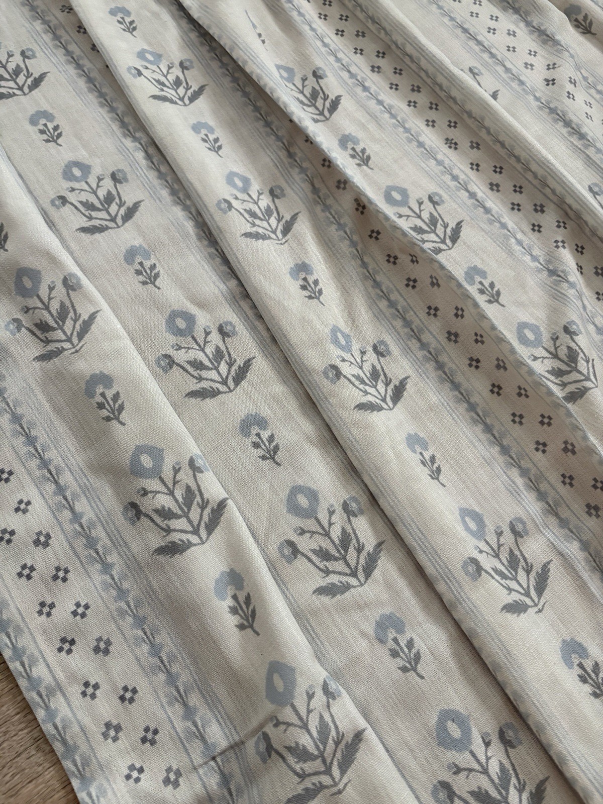 Blue Grey Pinch Pleated Floral Curtain Panel 82” Long