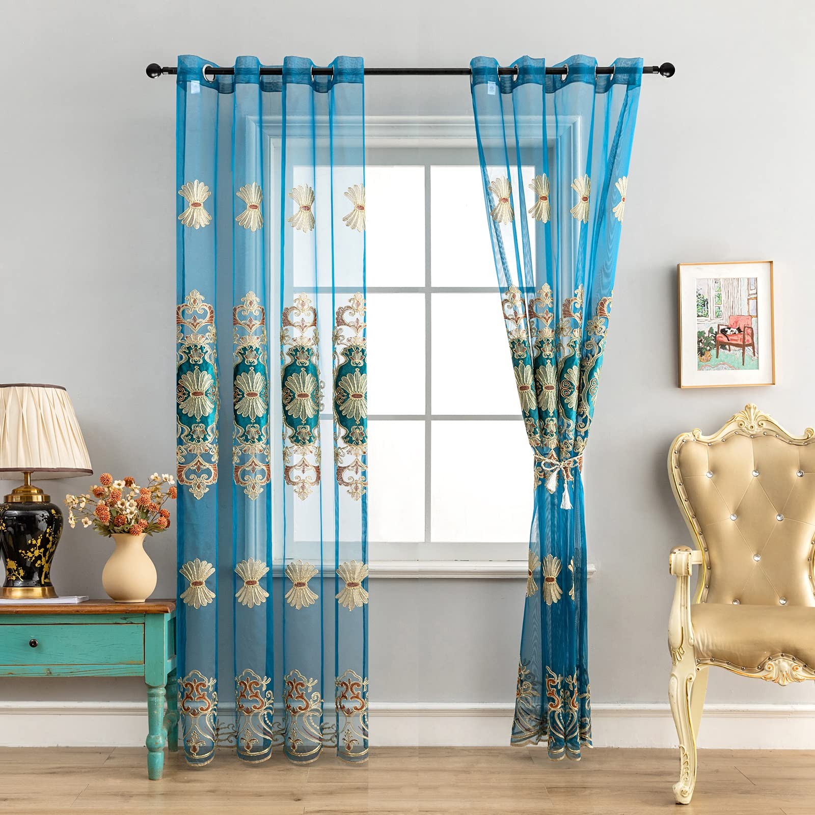 Classical Embroidered Sheer Curtain for Living Room Luxury European Style Pea…