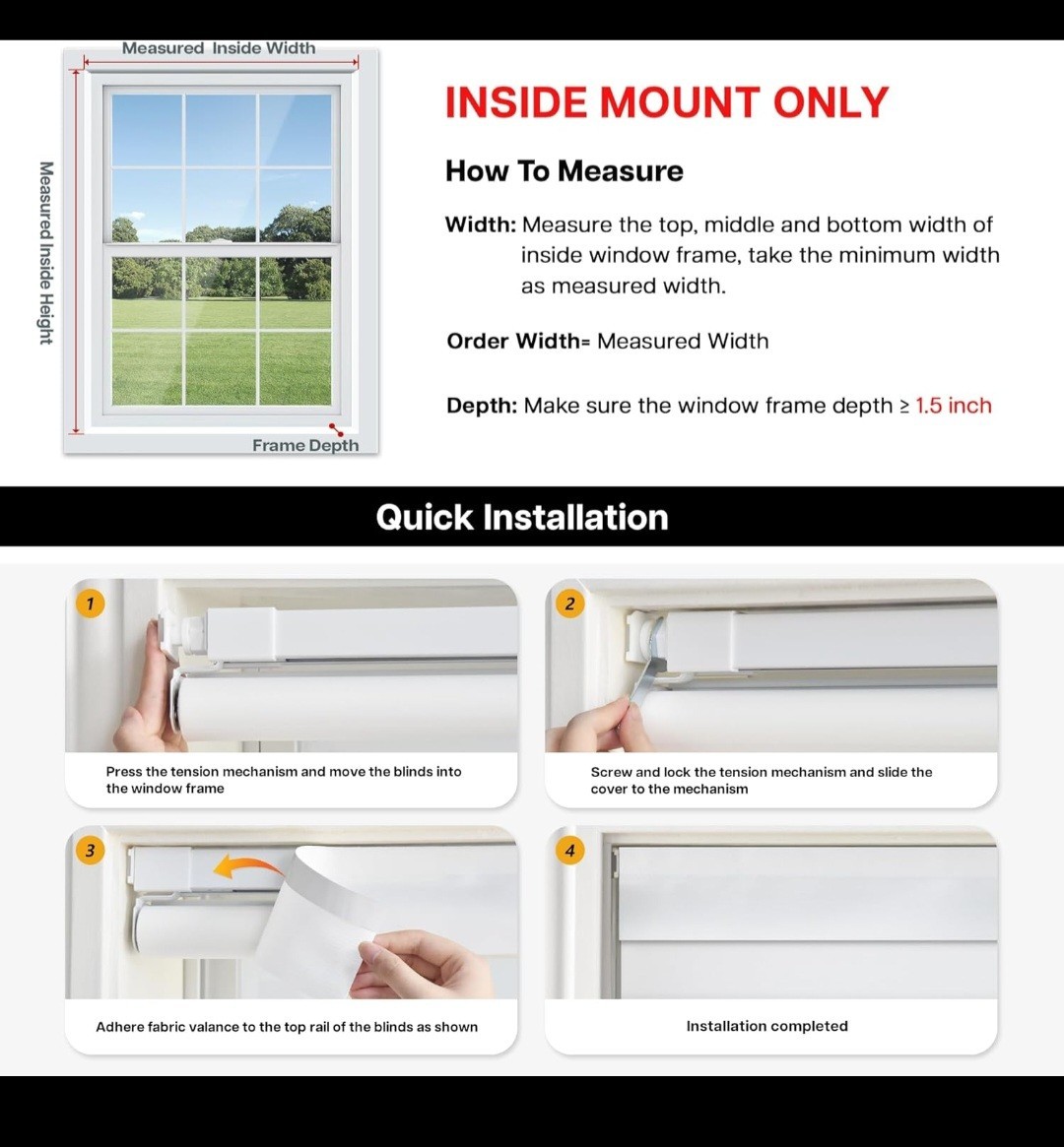 LazBlinds No-Drill Cordless Zebra Blinds Dual Layer Light Filter, 33″ W x 72″ H,