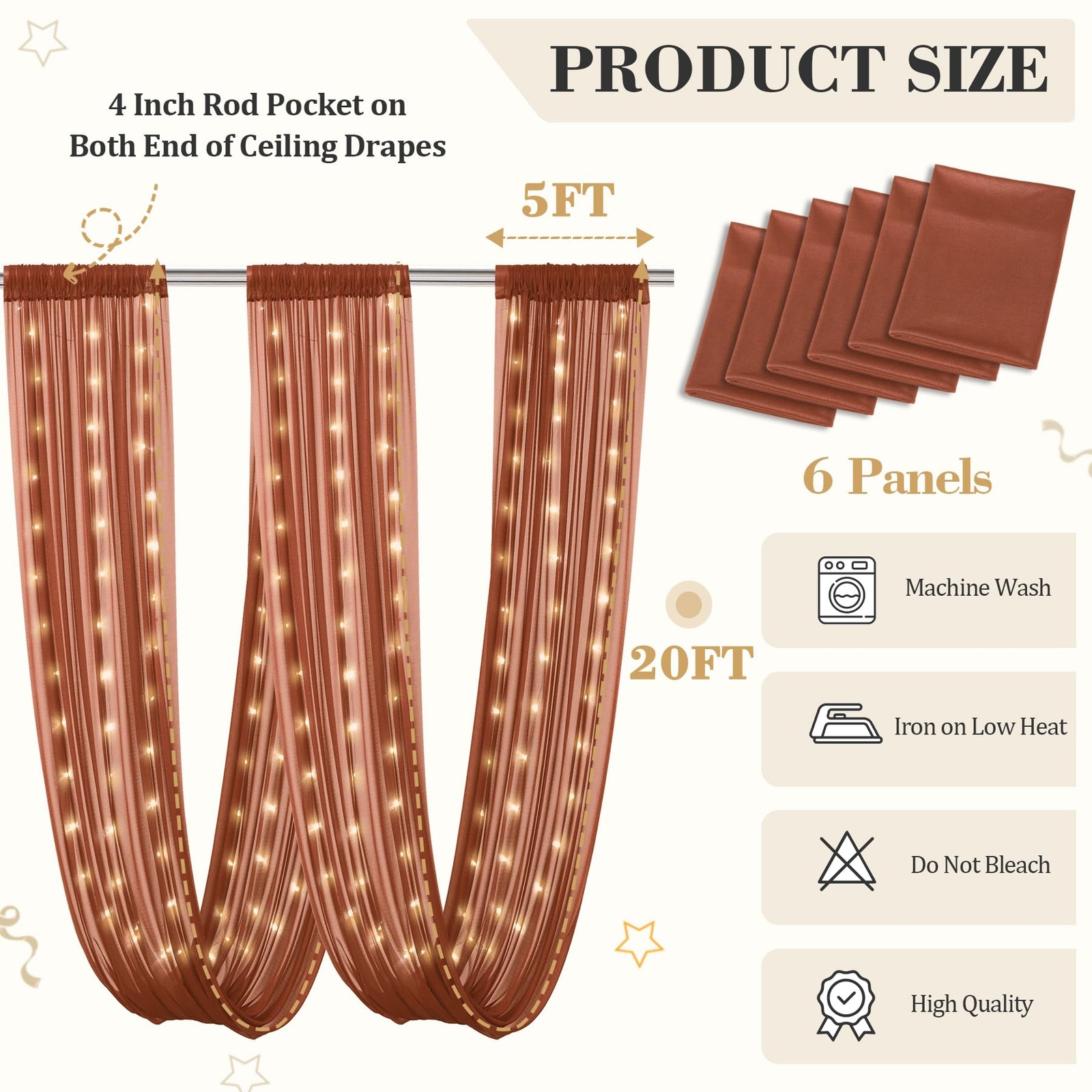 FrohFest 6 Panels Terracotta Ceiling Curtains with Lights for Weddings – 5ftx…