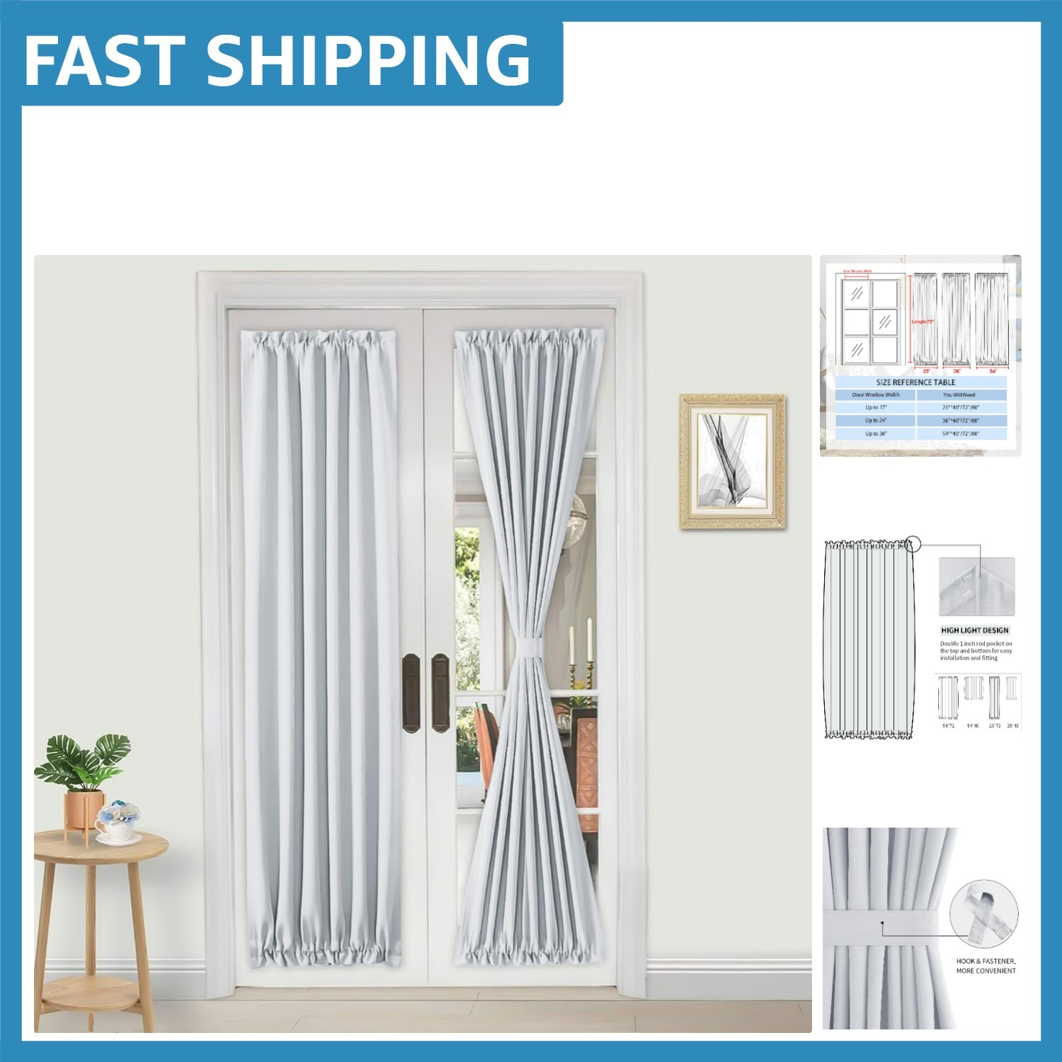 Thermal Insulated 25×72 Inches Greyish White Rod Pocket French Door Curtain
