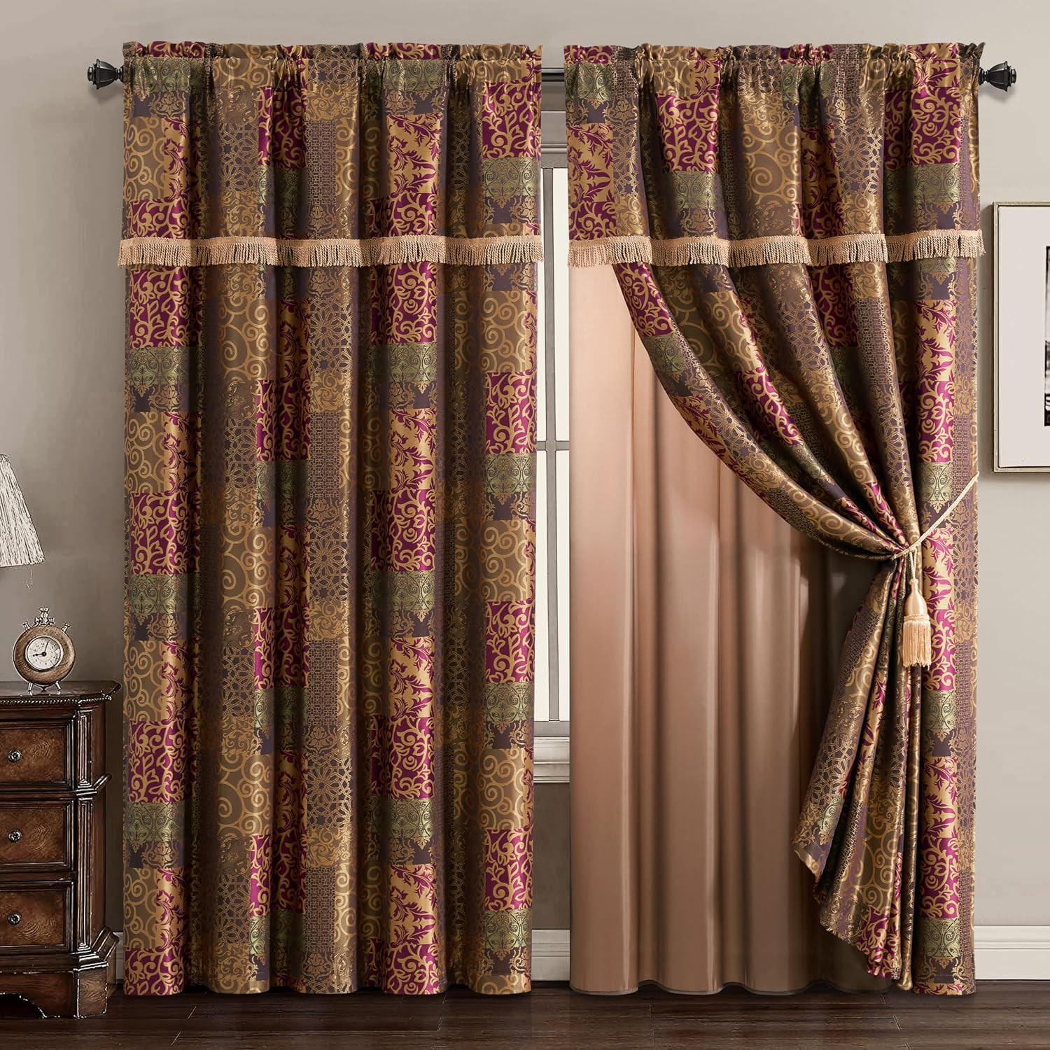 Chezmoi Collection Amelia 4-Piece Multicolor Floral Jacquard Patchwork Curtain/D