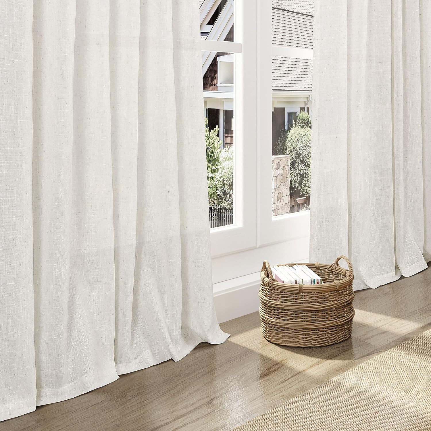 Cream Linen Back Tab Curtains 84 Inch Length for Living Room 2 Panel Set Neutral