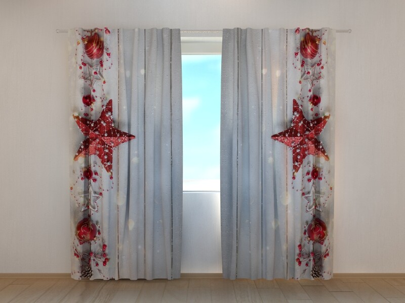 Photo Curtain Printed Christmas Red Star 2 Decoration Wellmira Made to Measure