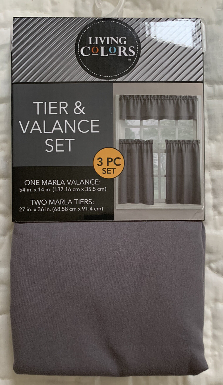 Living Colors Tier & Valance 3 Piece Set 1 Valance & 2 Marla Tiers Gray NWT