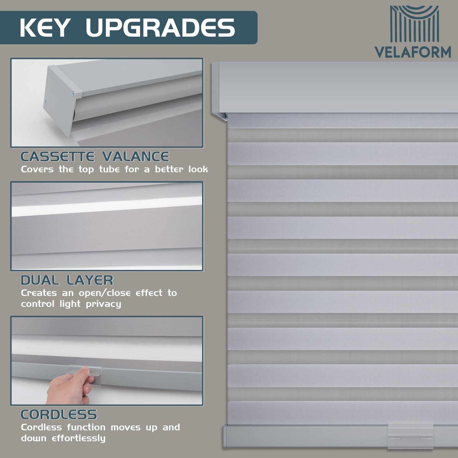 Cordless Zebra Shades By Velaform 63 W X 72 H Grey Free-Stop Day/Night Control