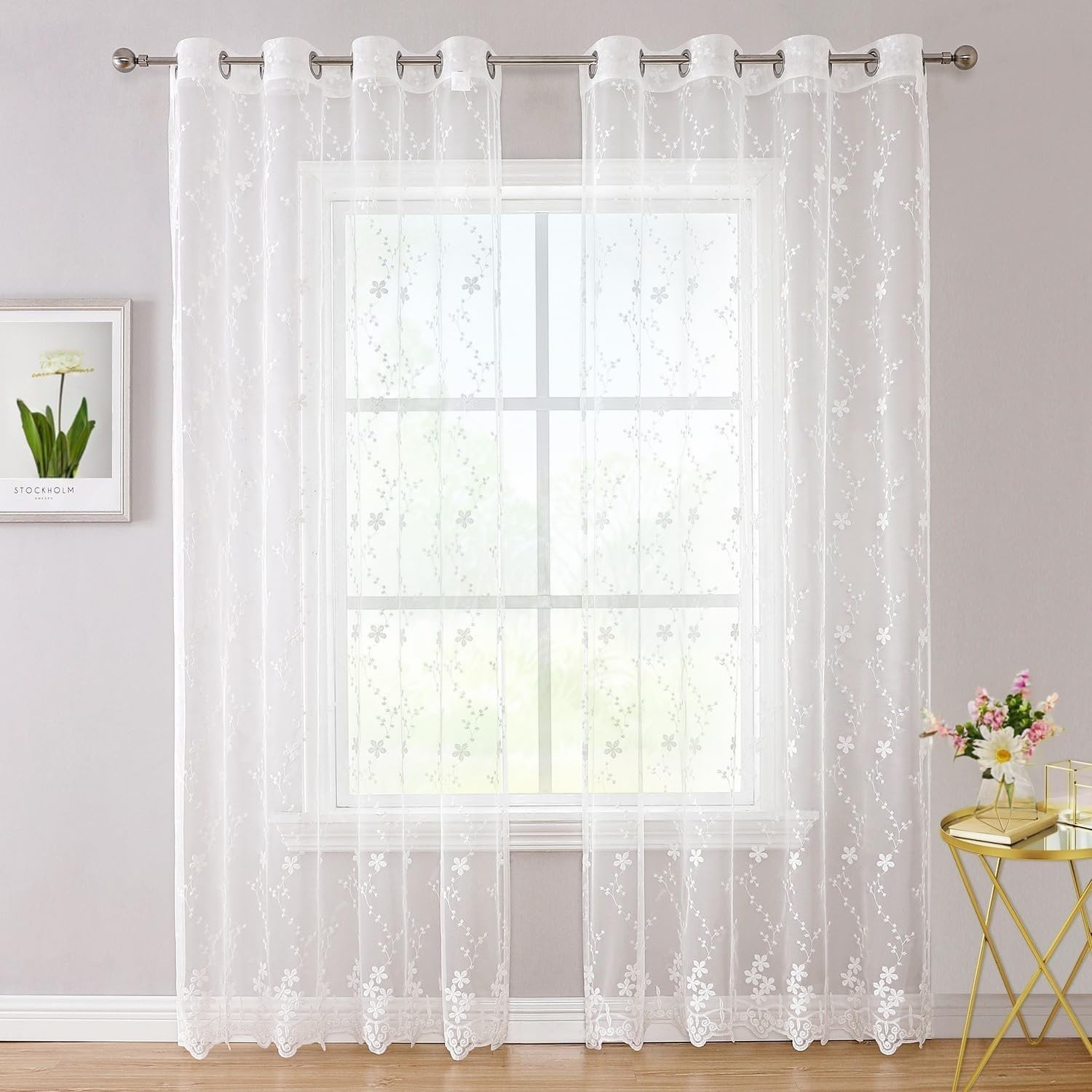 Luxury White Lace Sheer Curtains 96 Inches Long 2 Panels for Living Room, Ele…