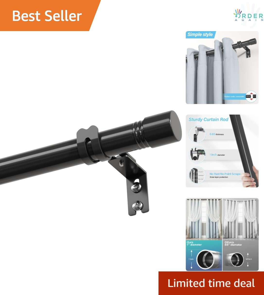 Black Stainless Steel Curtain Rod 68 Inch Adjustable Heavy Duty for Bedroom
