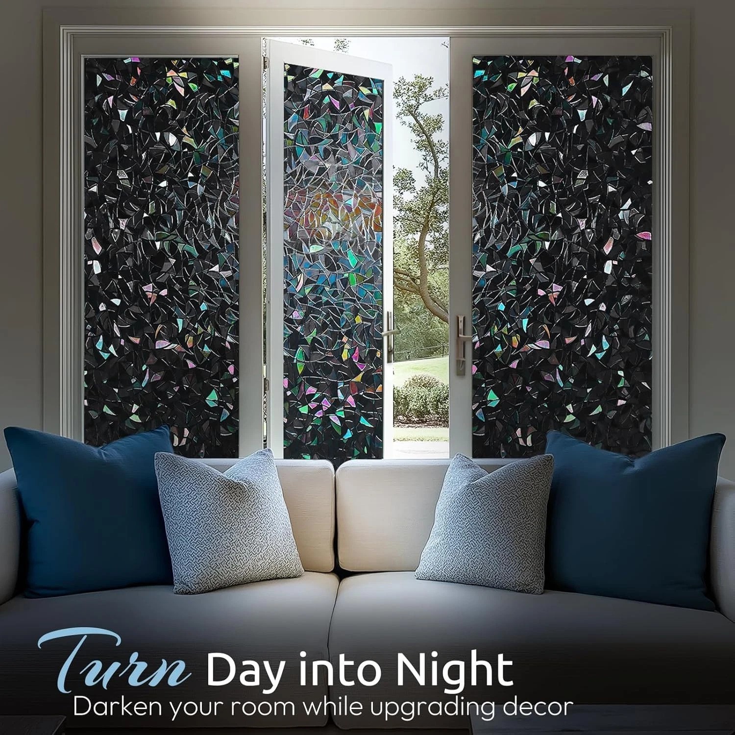 Black 3D Stained Glass Window Film: Room Darkening & UV Protection, 17.5×157.4in