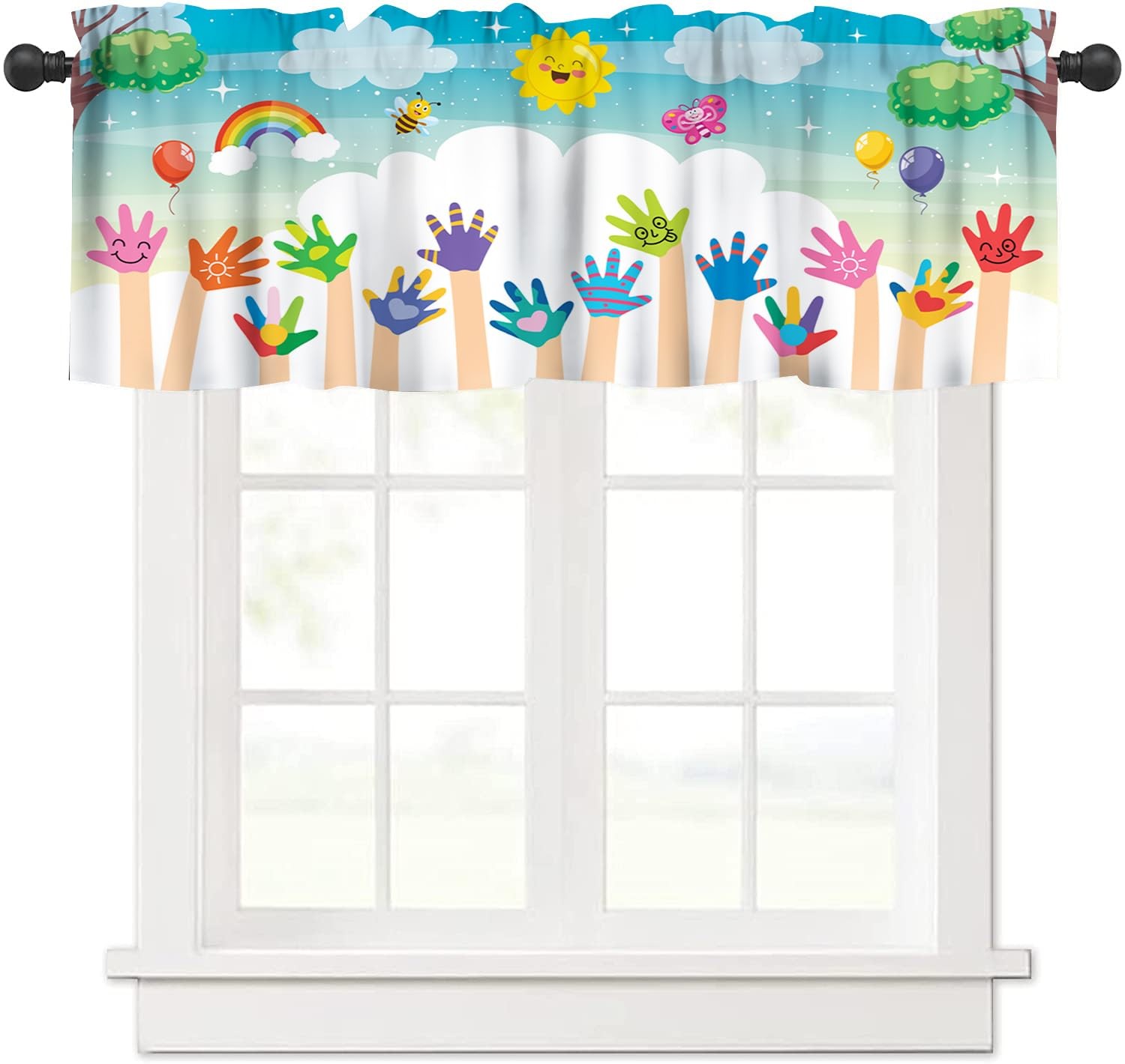 wlsgdsg Kids Valance Curtain Colorful Rainbow Sun Puzzle Paint Handprint Bee …