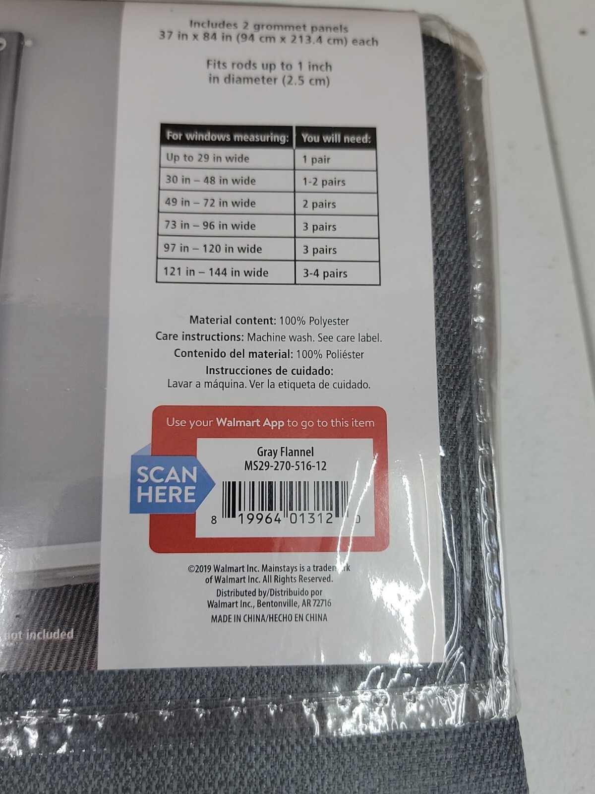Mainstays Blackout Panel PAIR Grommeted Window Curtain Panel 37”W X 84”L Gray