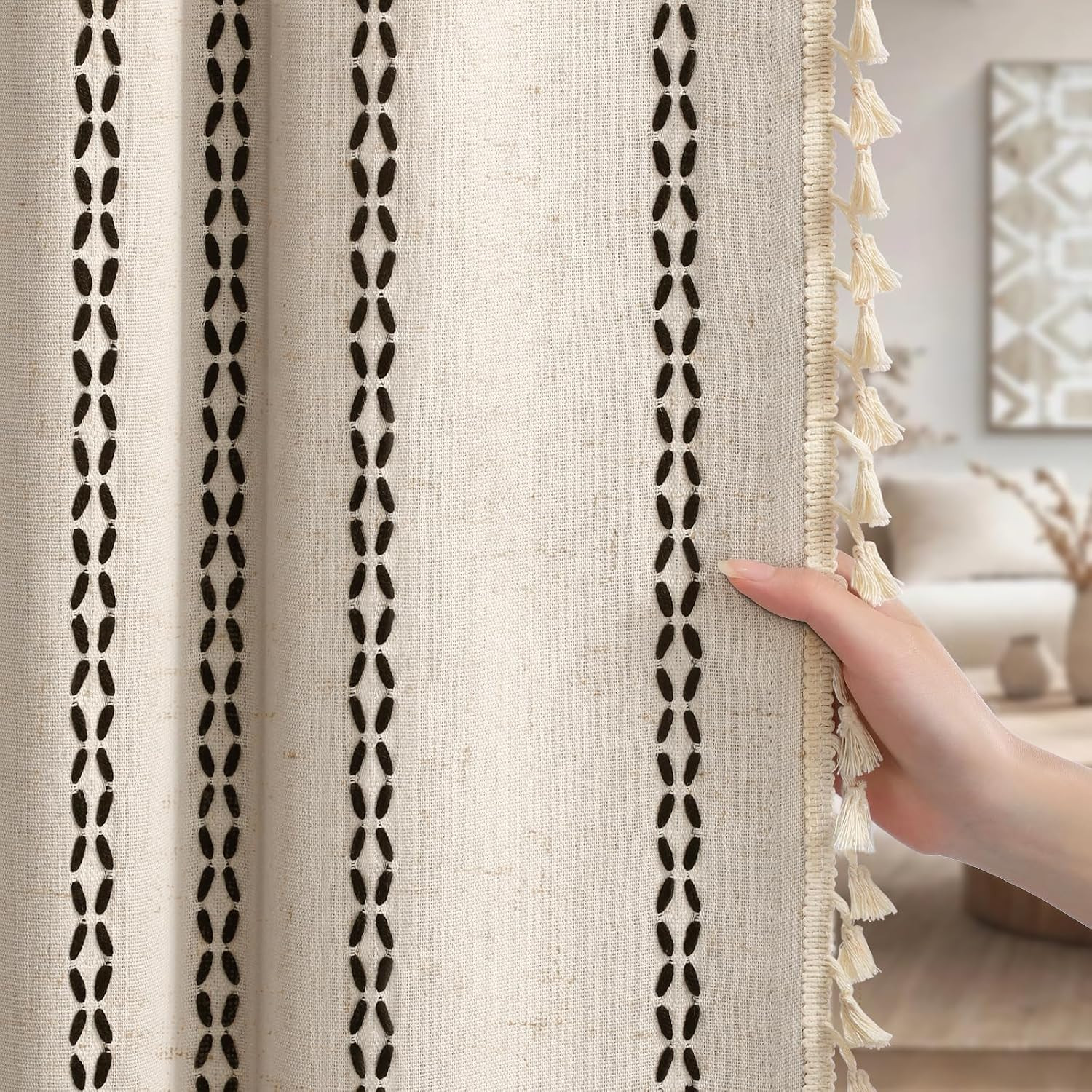 Beige Boho Blackout Curtains 2 Panels 84 Inch for Living Room Bedroom, Linen Tex