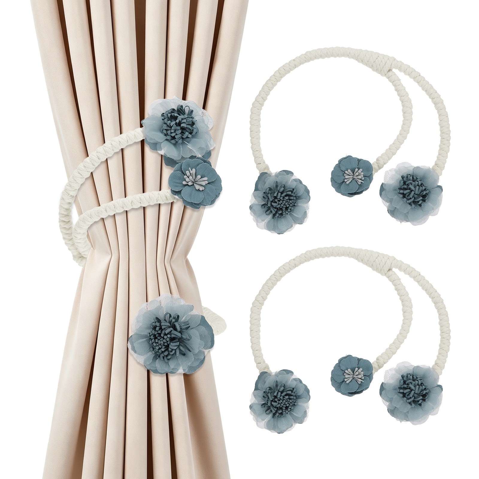 2Pcs Flower Curtain Tiebacks, 3 Flower 45cm Twist Holdbacks Clip, Blue