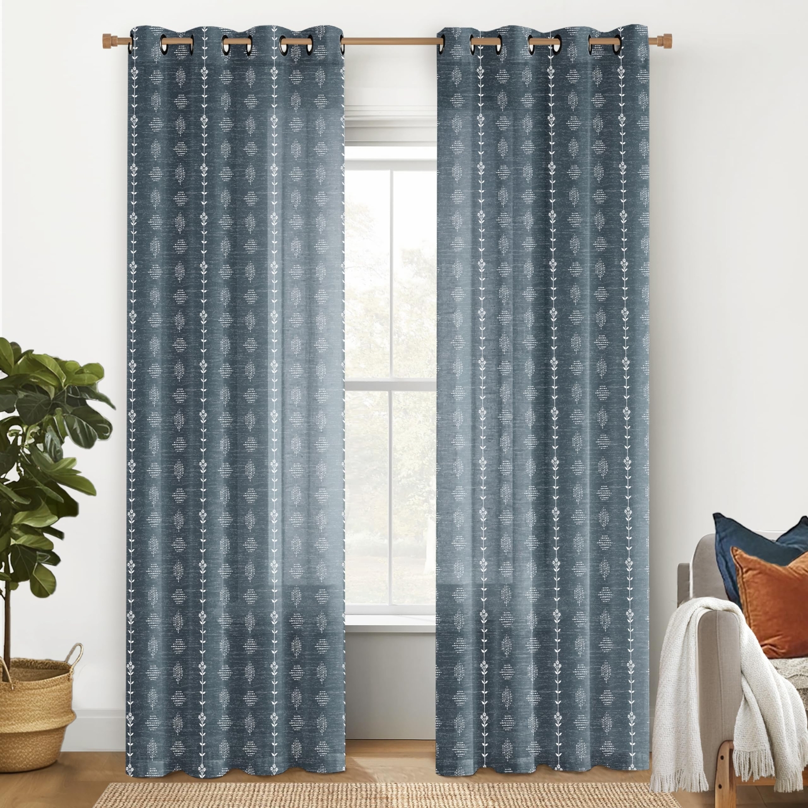 Navy Blue Curtains 84 Inch Length for Living Room,Sheer Linen Cream and Dark …