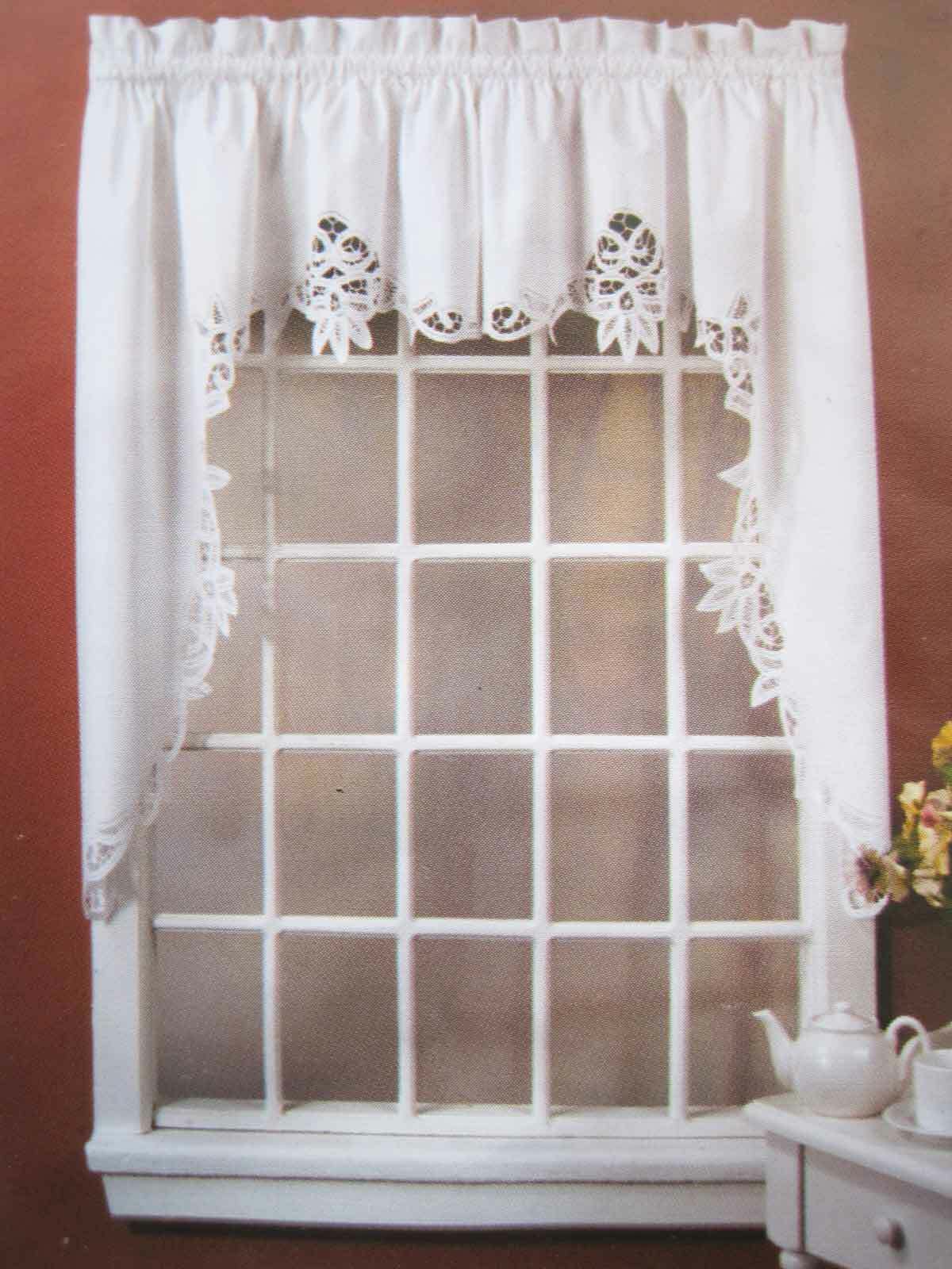 Again@Elegant Pair Hand Battenburg Lace Insertion White Cotton Curtain 65cm Drop