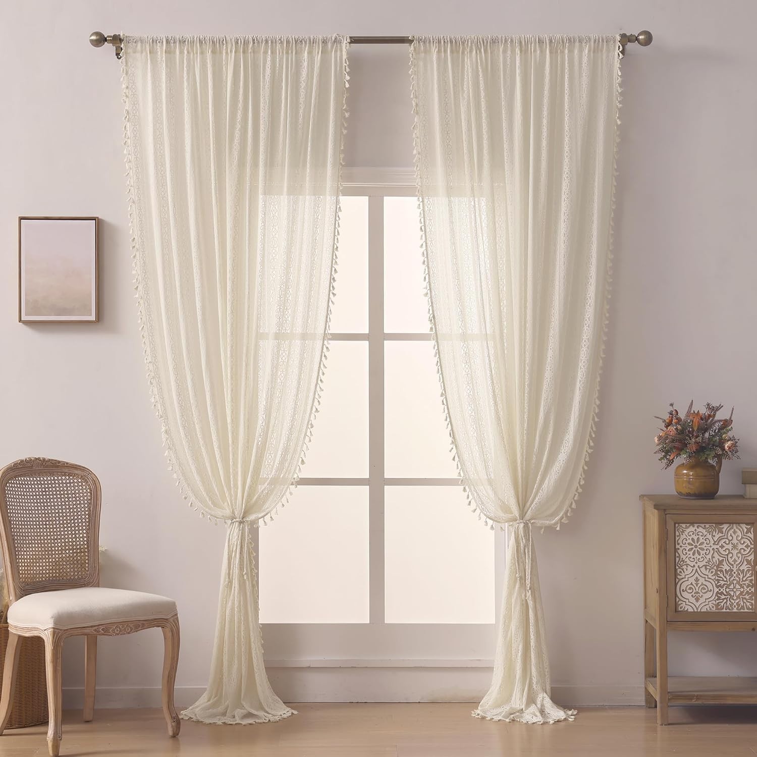 Luxurious 63-Inch Boho Lace Curtains with Tassels – Set of 2 for Elegant Living