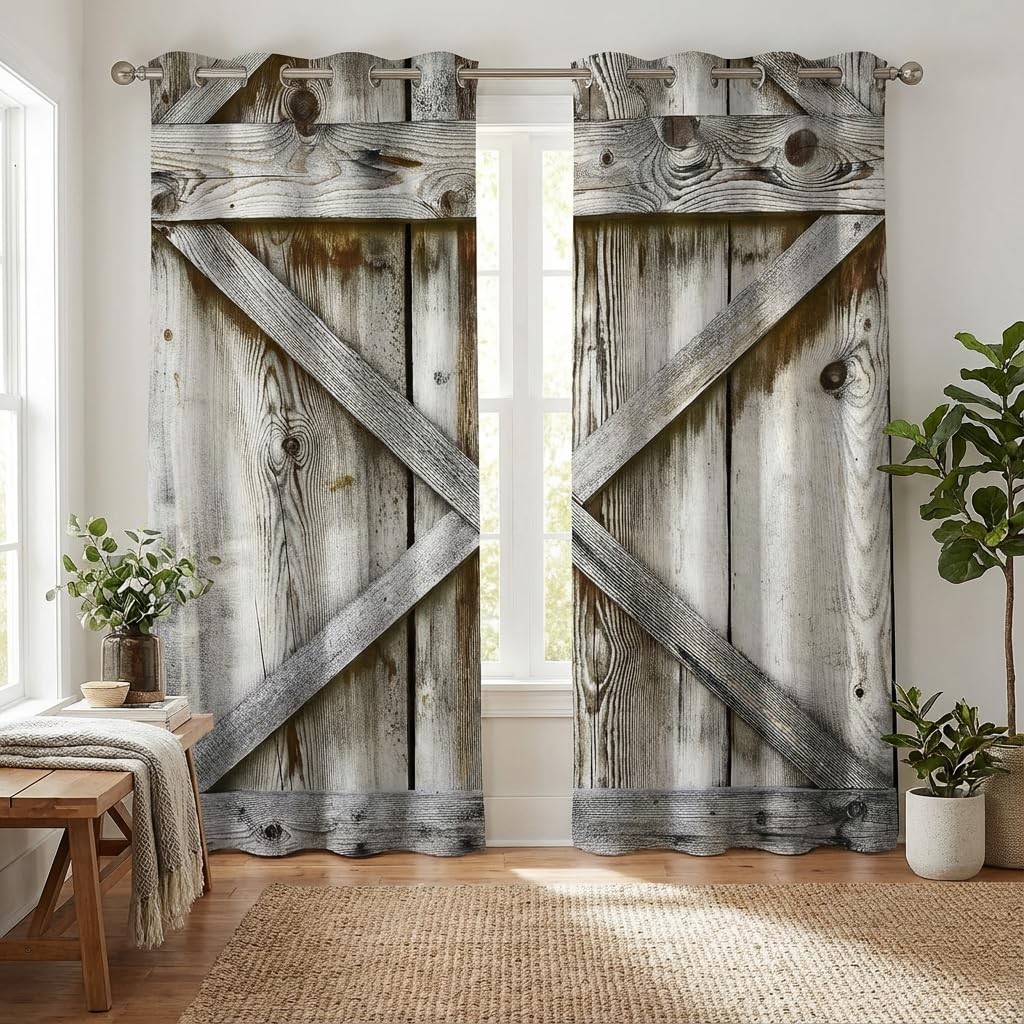 Barn Door Blackout Curtains – Rustic Wood Farmhouse Country Style Window Drap…