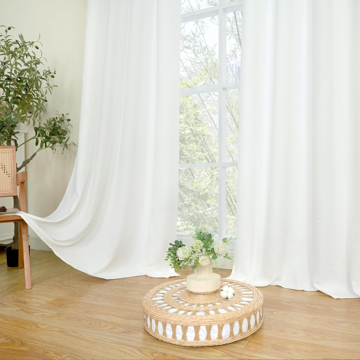 White Linen Curtains 40 Inch Length for Kitchen Windows over Sink, Linen Texture
