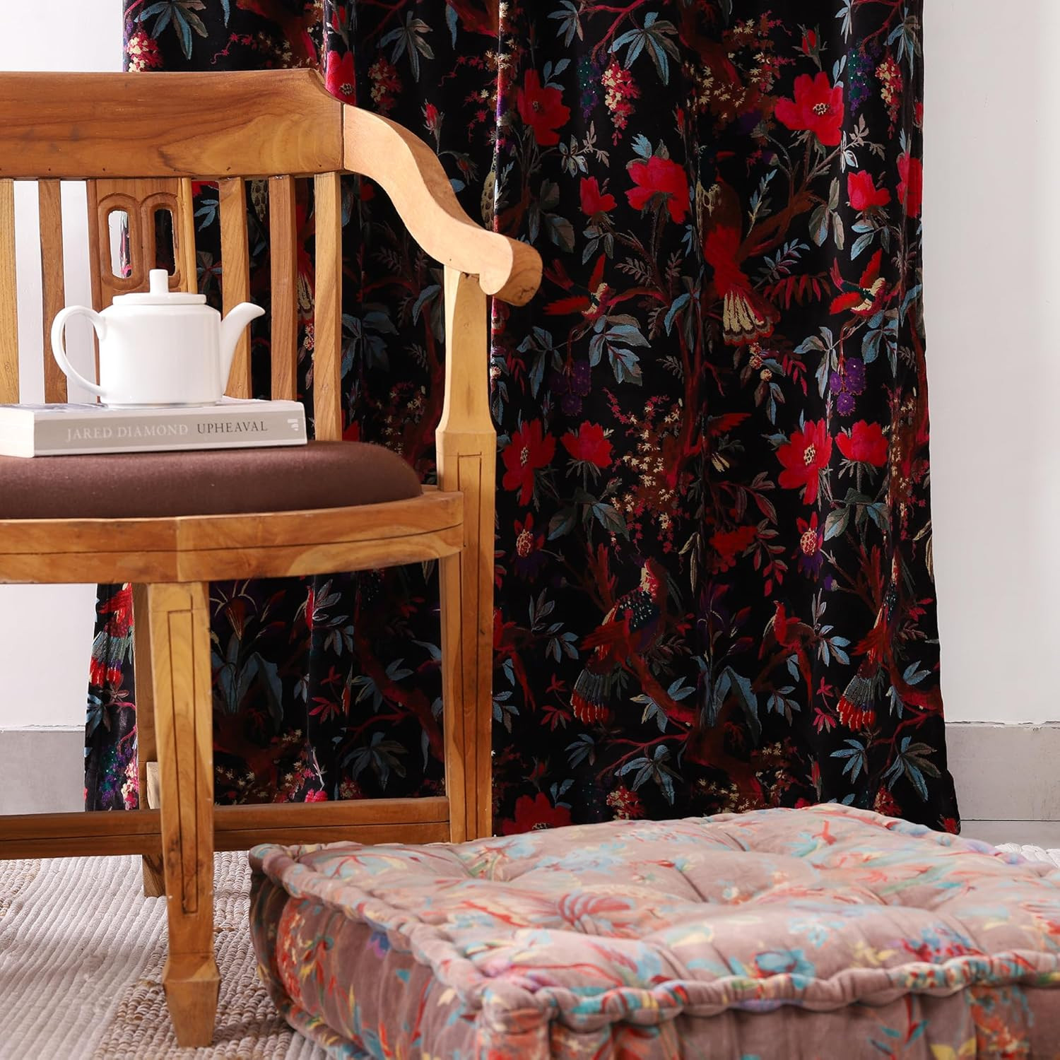 Luxury Floral Bird Velvet Curtains – 96″x52″ Black Boho Drapes