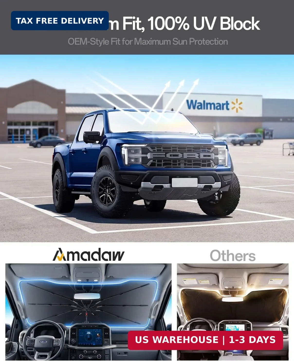 Truck Windshield Sun Shade for Ford F150 2015-2026, Foldable Umbrella Sunshade w