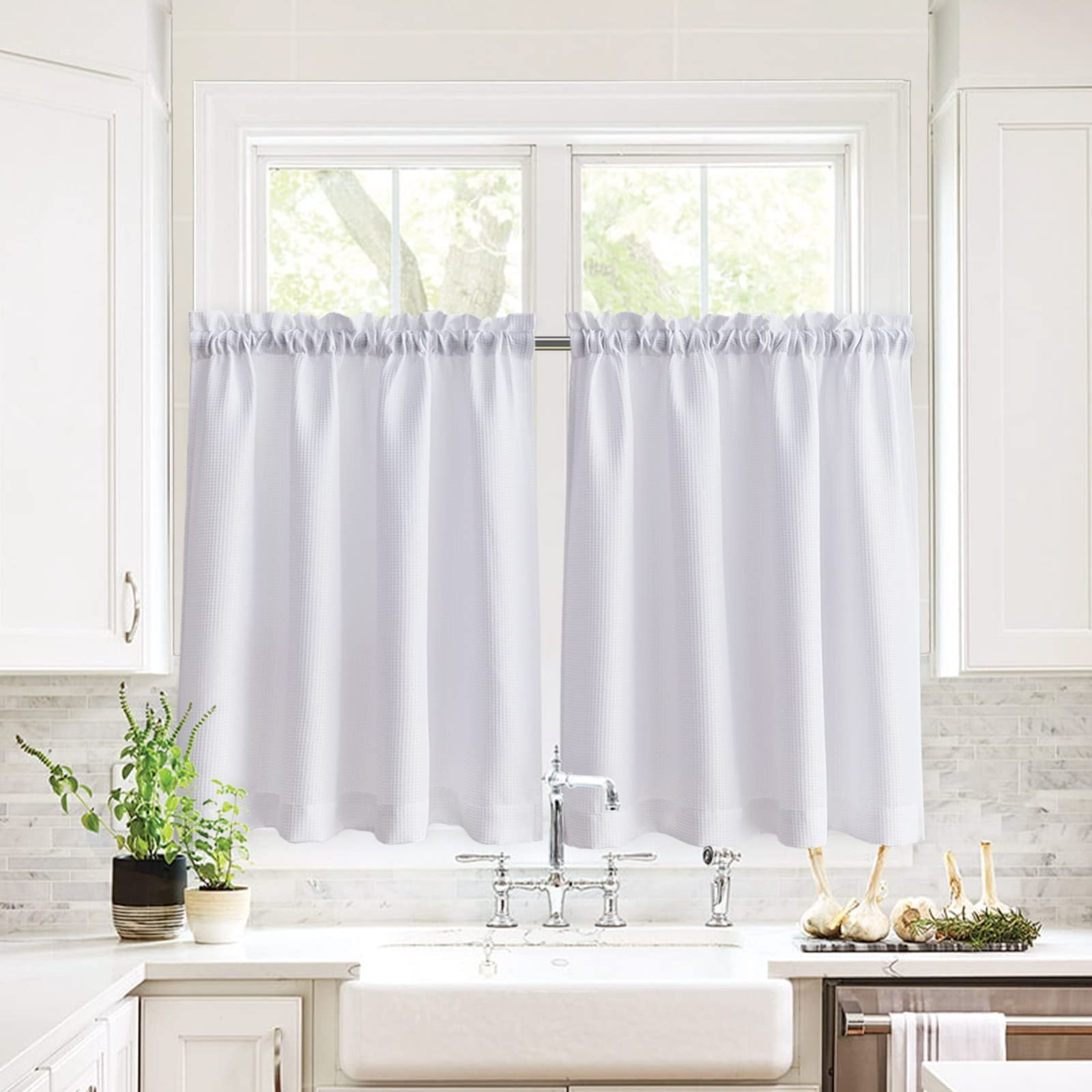 Waffle Weave Textured Half Window Tier Curtains, Water Repellent, 72×36″, Set of