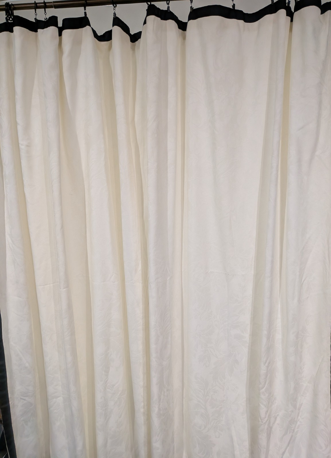 1 pair/2 panels White Jacquard Drapes Black Ribbon Border each panel 109″Wx 81″L