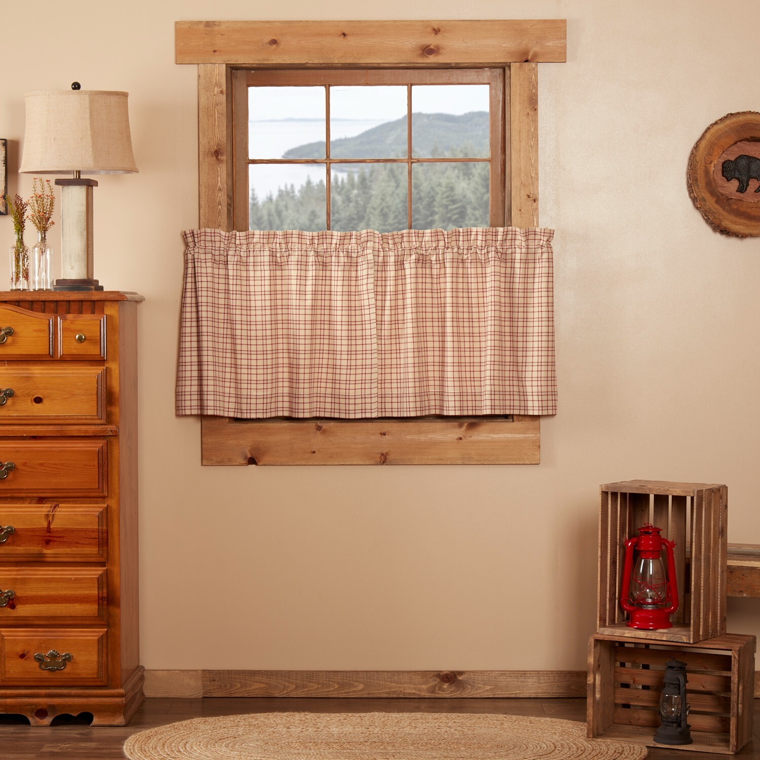Tacoma Tier Set 24″ Long Country Primitive Cafe’ Creme Barn Red Evergreen Plaid