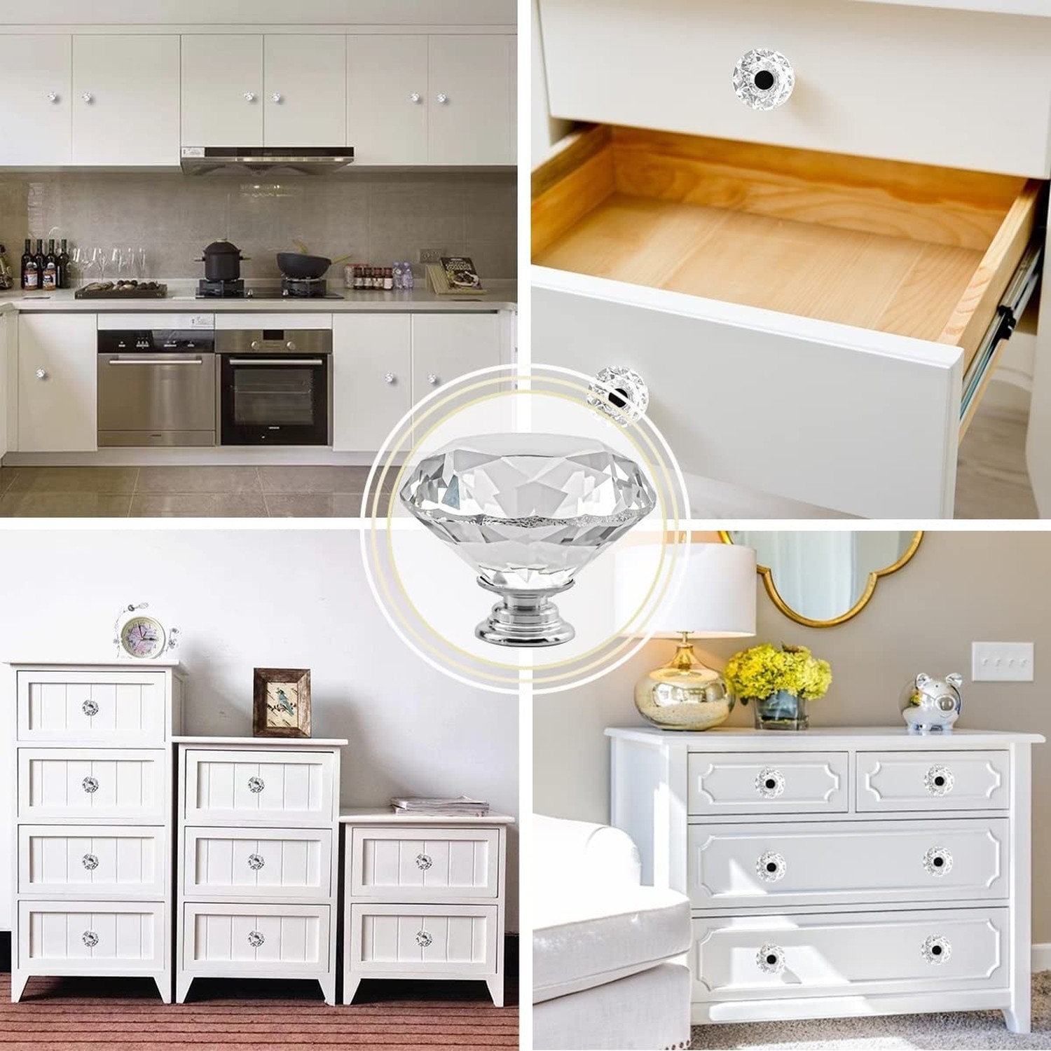 Crystal Cabinet Knobs 2Pack Clear Glass Diamond Shape Drawer Knobs 50mm Diamo…