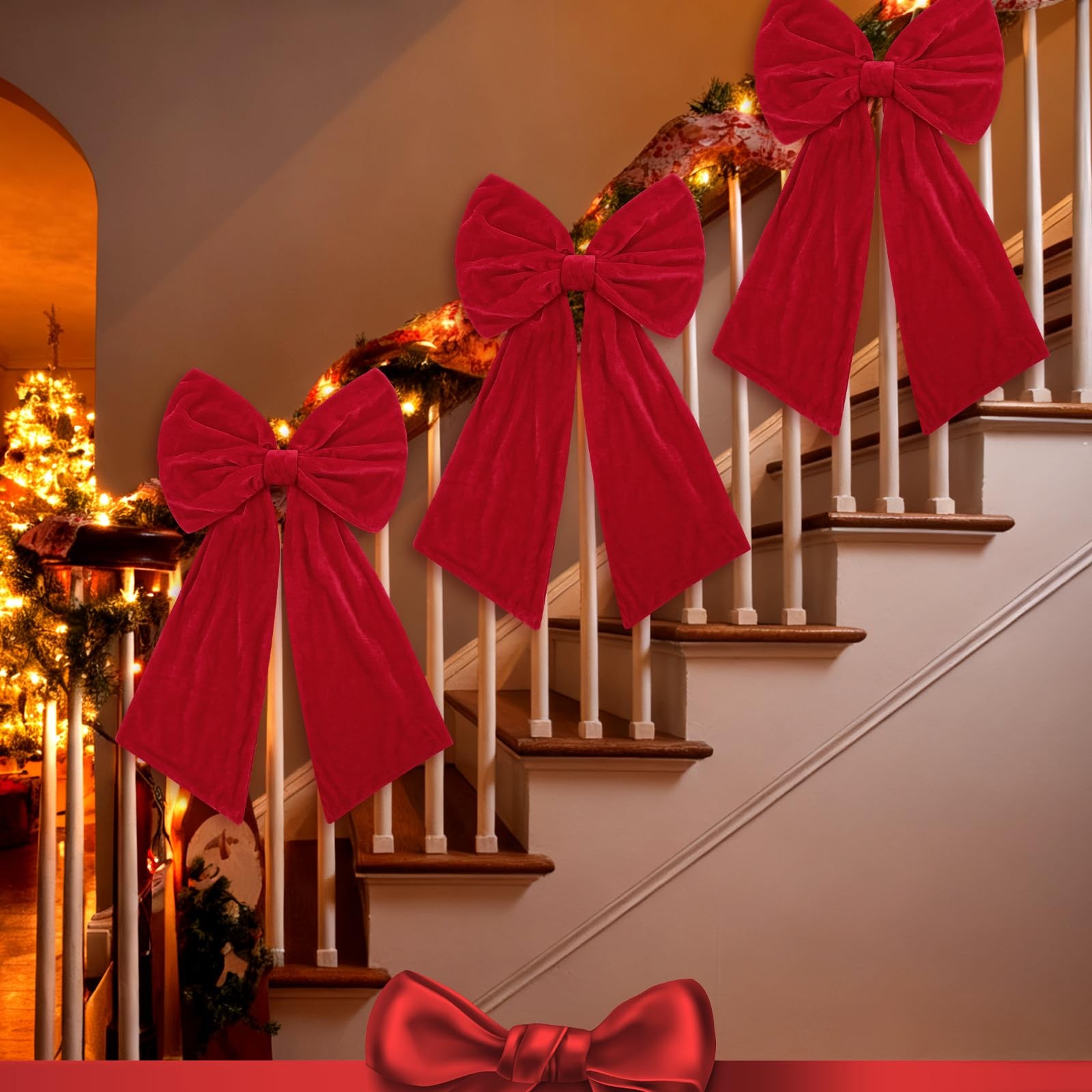 3 PCS Velvet Christmas Bow Decoration 2 Ft Large Fireplace Tree Topper Red