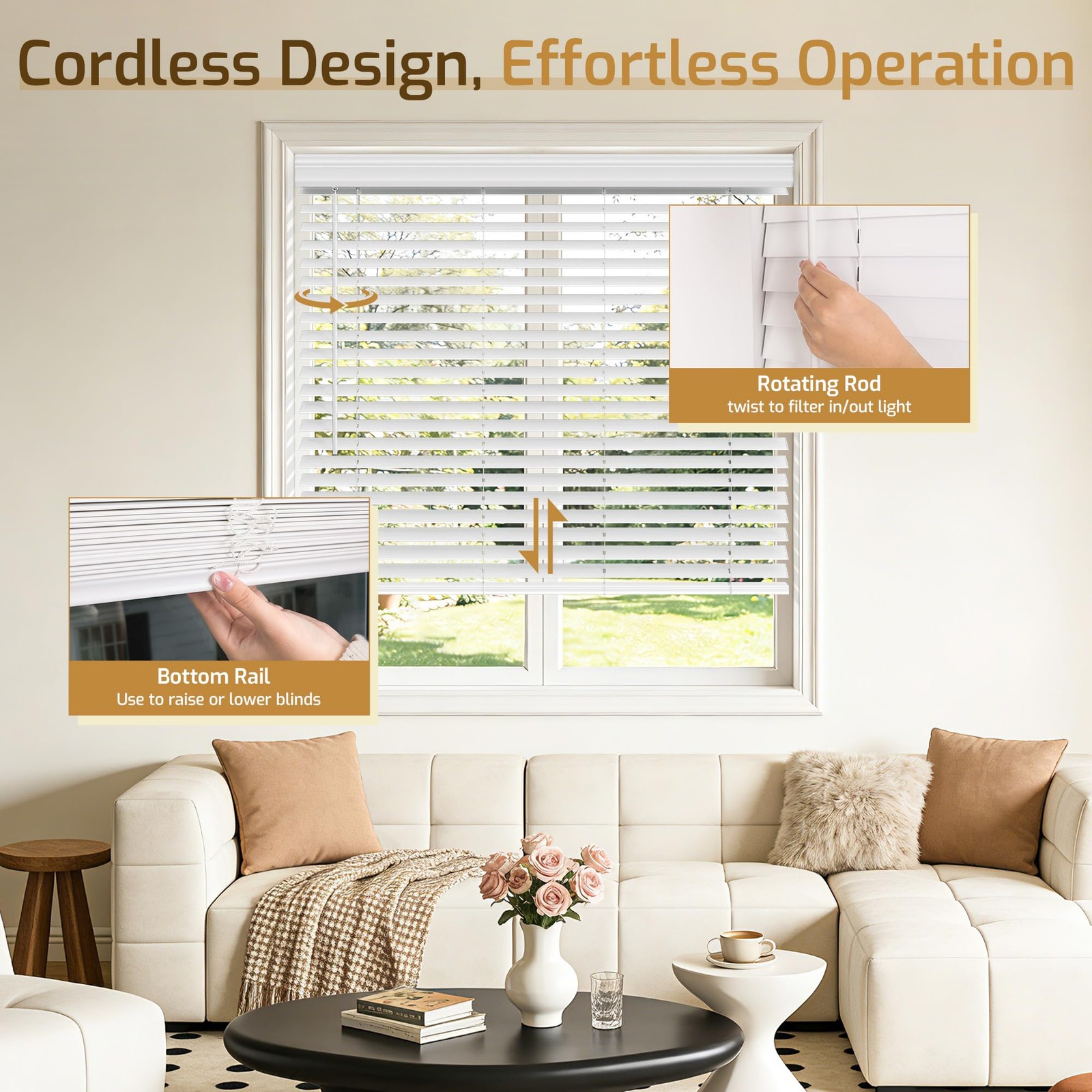 Faux Wood Blinds Cordless,2″ Horizontal Blinds with Iron Valance PVC Room Dar…