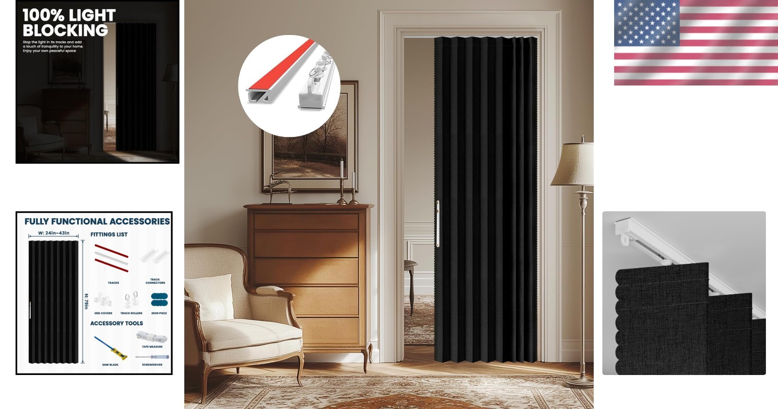 Versatile Black 100% Blackout Door Curtain, 43”W x 79”L – DIY Installation Kit