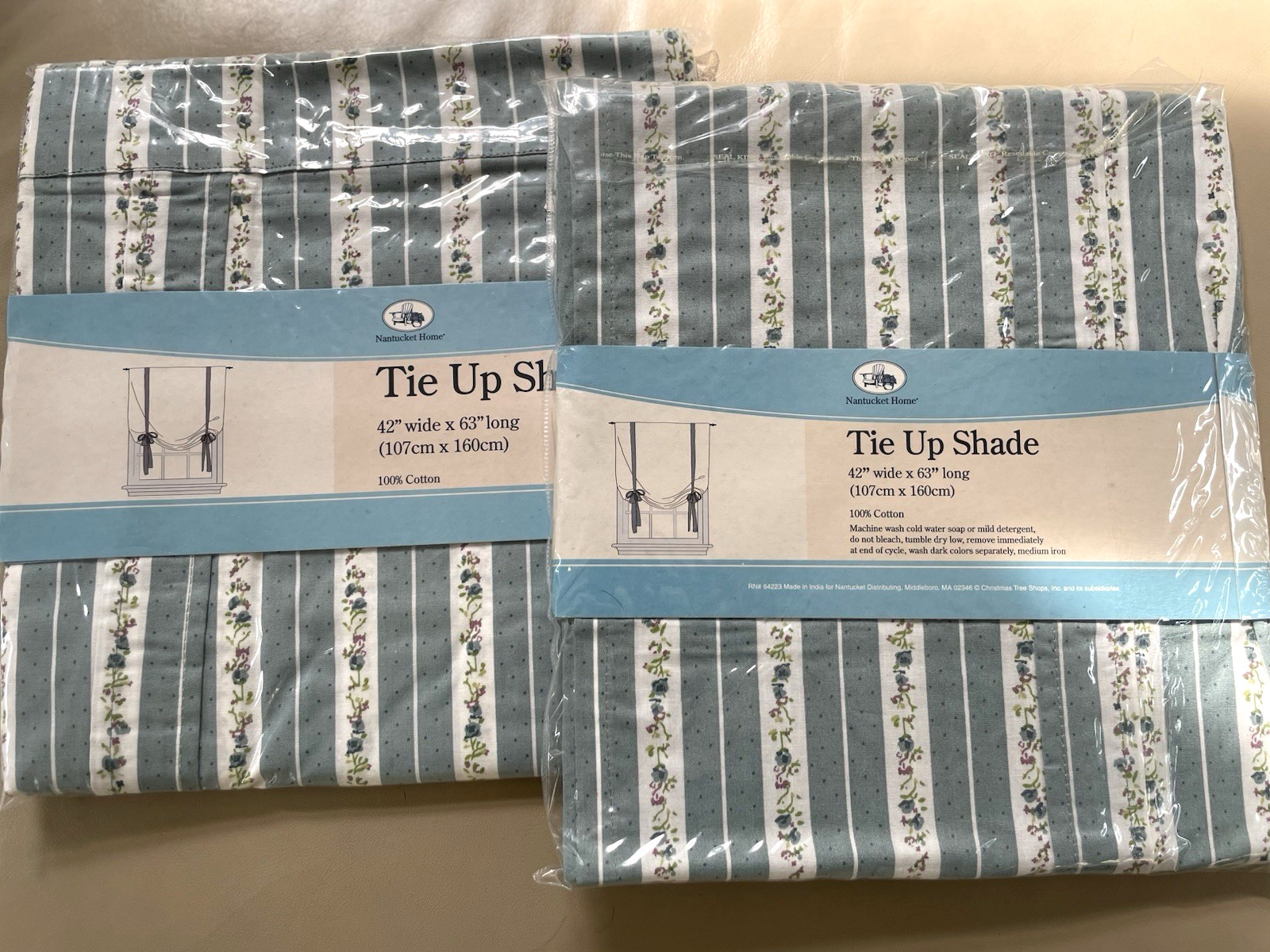 NWT Nantucket Home – 2 Tie Up Shades- Blue Floral Stripe – 100% Cotton- 42 x 63”