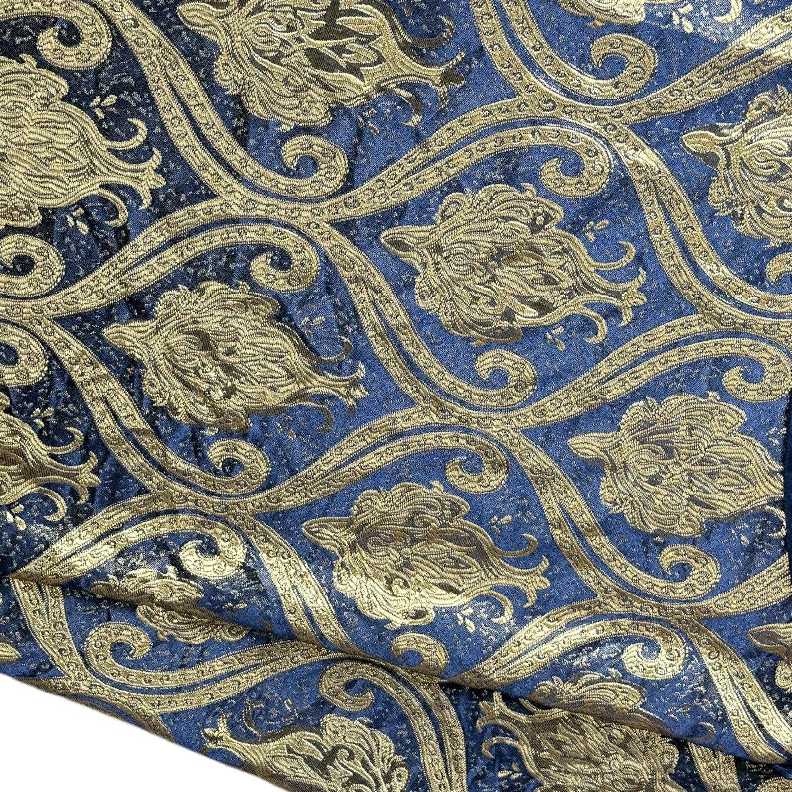 Single Gold Blue Jacuard Curtain Panel Damask Printed Attached Valance Luxury
