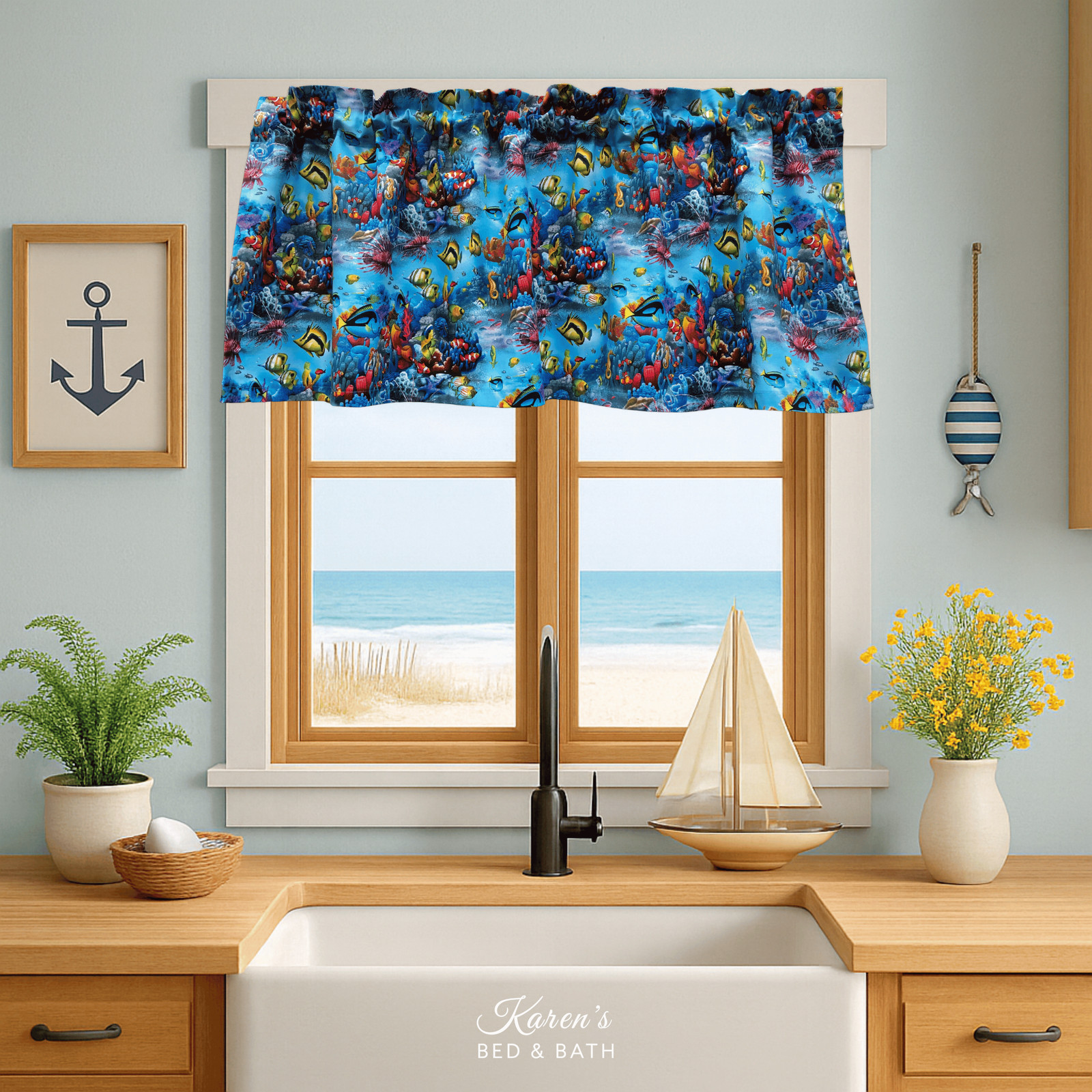 Tropical Fish Valance – Coral Reef Ocean Print – Clownfish Seahorse Coastal