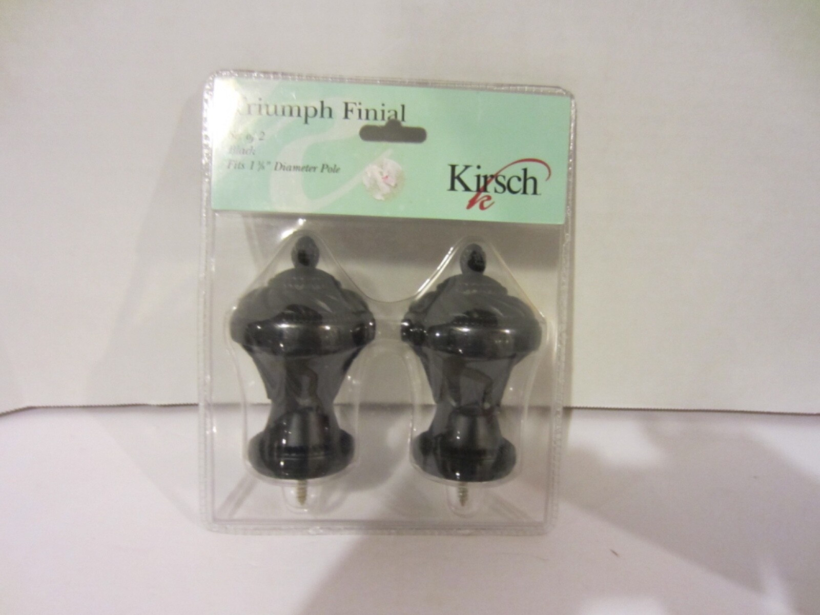 Set of 2 Triumph Black Finials by Kirsch- NIB- Fit 1&3/8 inch Pole- 2006(228B2)