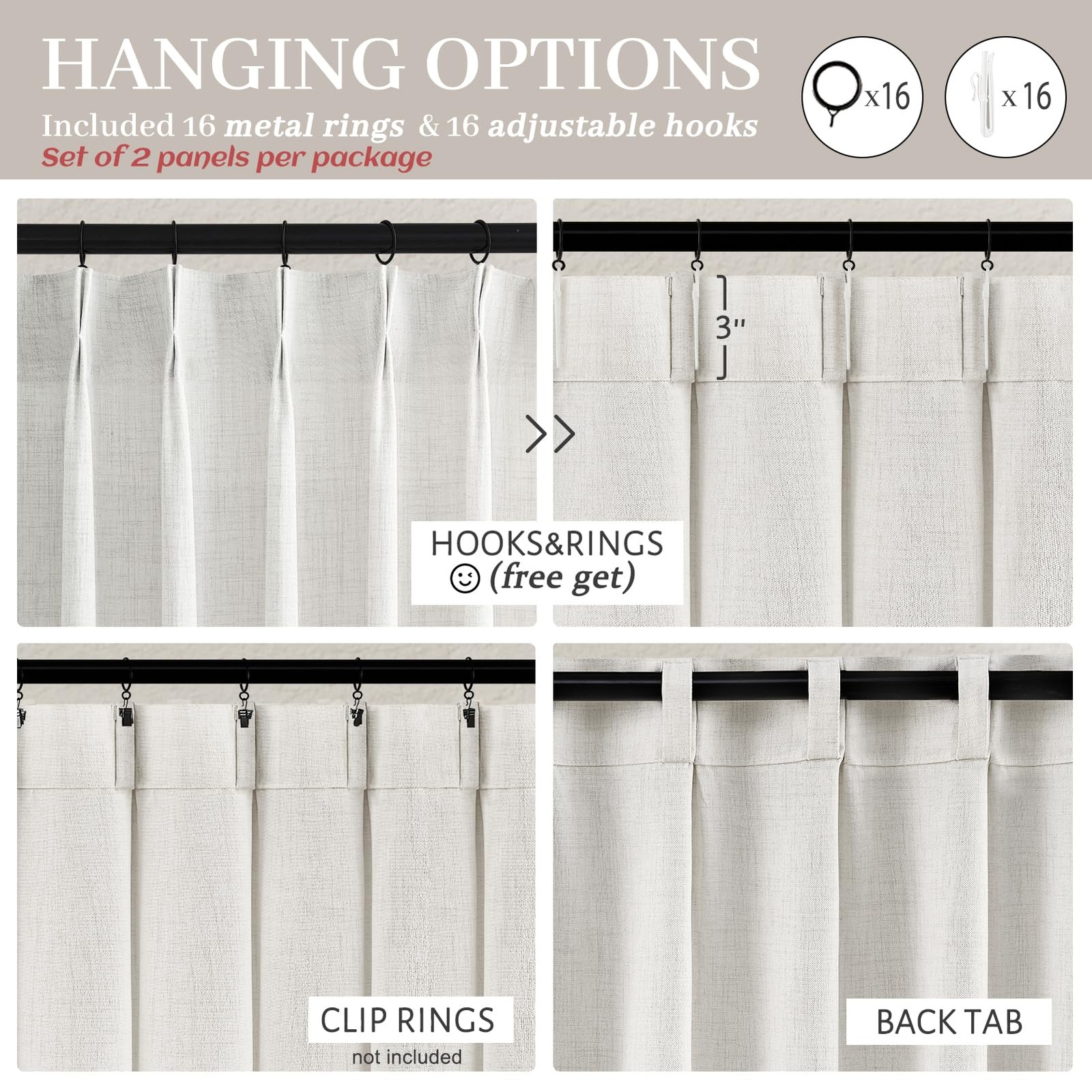PleatedDrapes Beige White Sheer Linen Curtains 96 Inches Long for Bedroom, Ne…