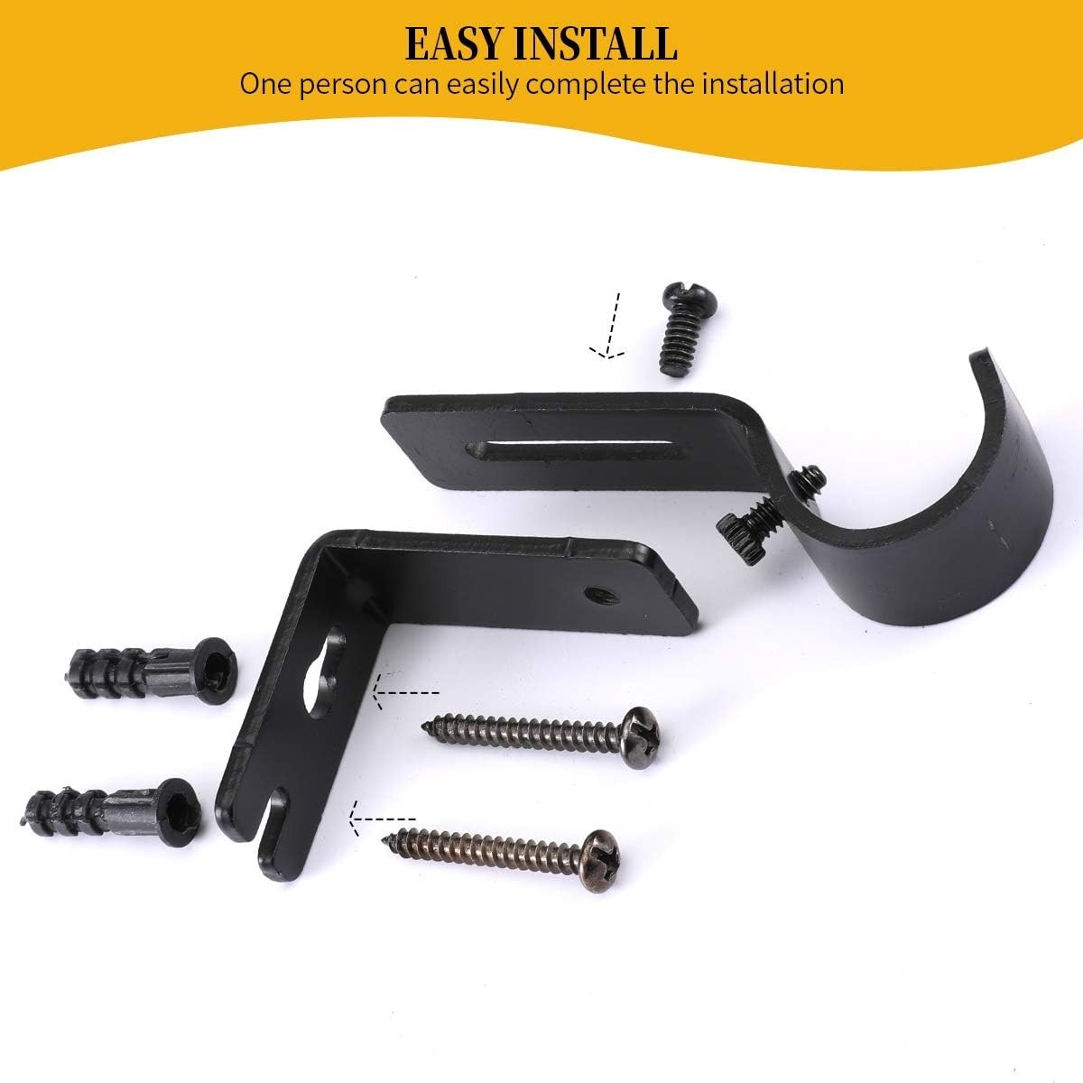 Curtain Rod Brackets, 2 Pack, 1 Inch, Black, Adjustable, Heavy Duty
