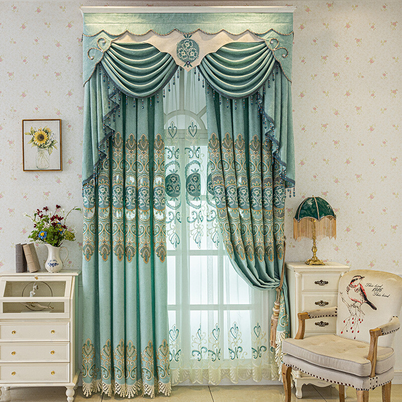 Custom Luxury embroidery Chenille green cloth blackout curtain valance C1753*