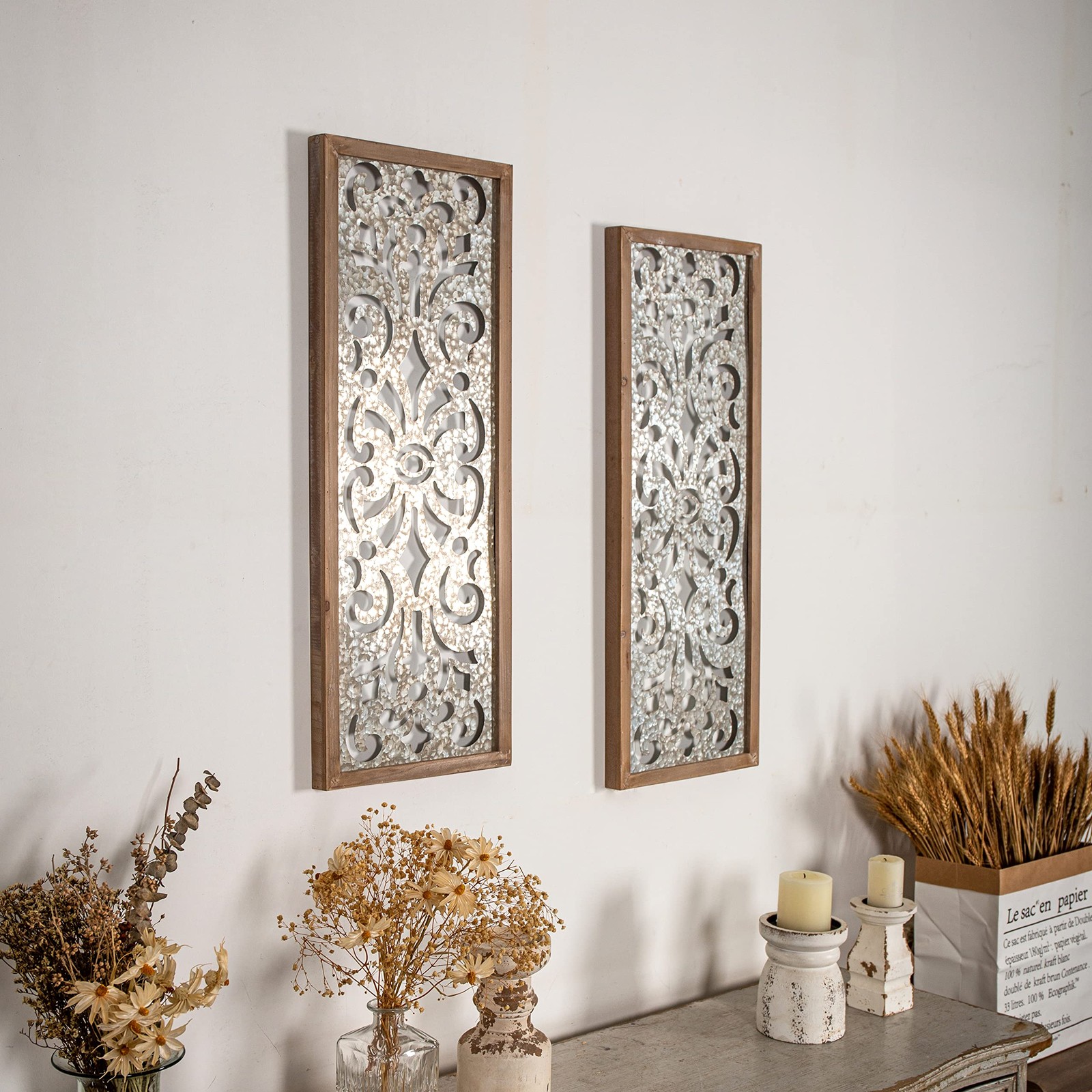Farmhouse Galvanized Wall Decor, 12″ x 32″, Hanging Window Pane, Wood & Metal…
