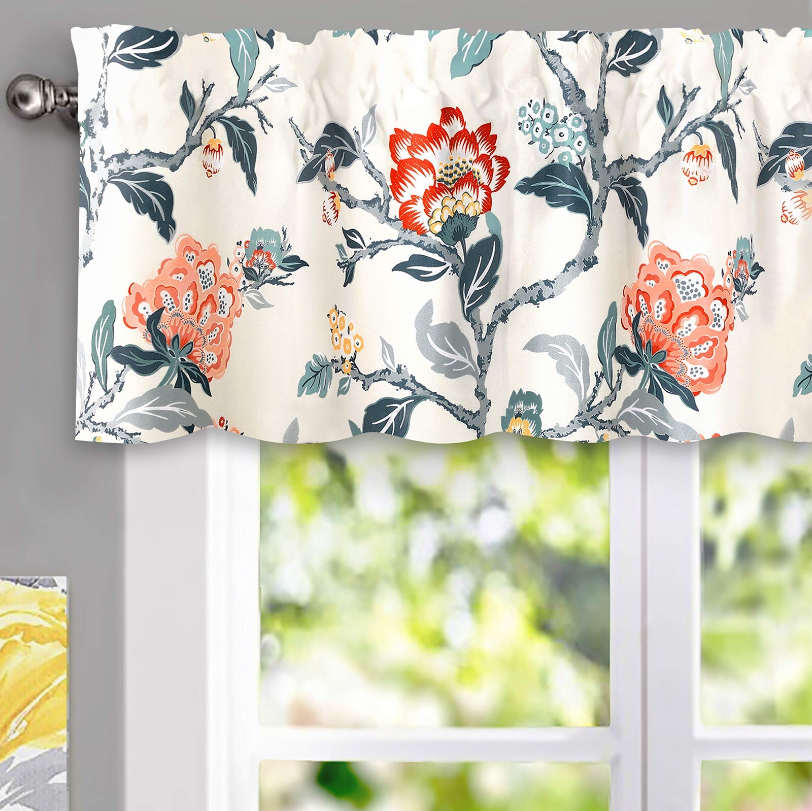 Ada Botanical Print Lined Flower Leaf Thermal Insulate Window Valance Rod Pocket