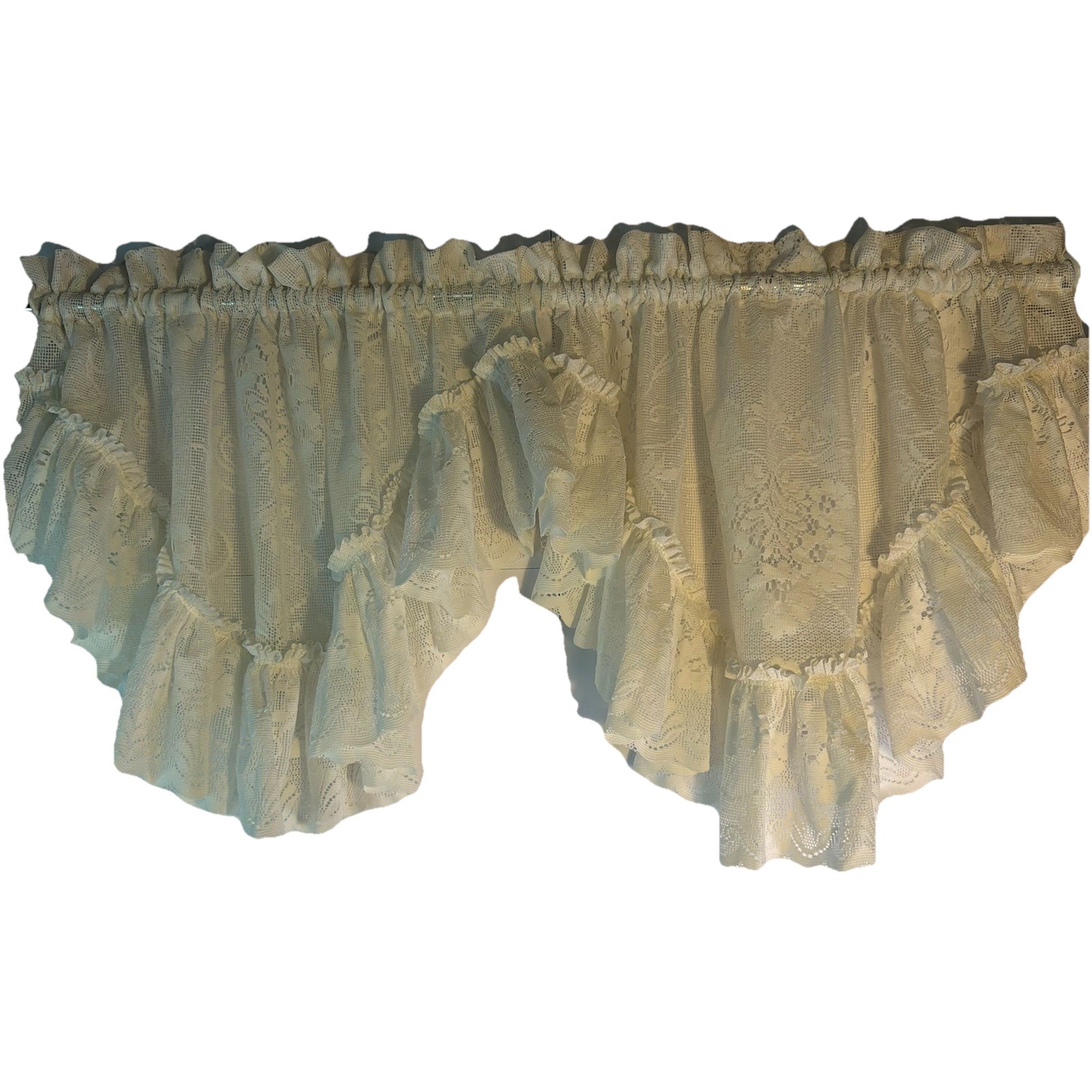 JC Penney Semi-Sheer Lace Floral Scalloped Ruffles Valances Vtg Lot Of 2-42×22”