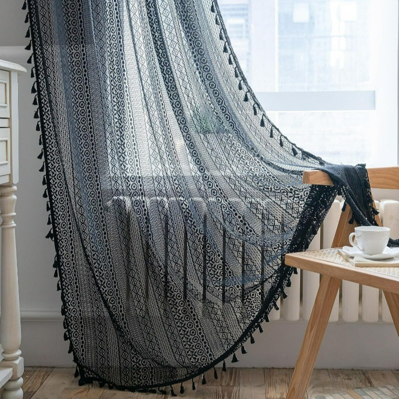 Black Boho Curtain Vintage Sheer Crochet Lace Handmade Tassels Knitted Window
