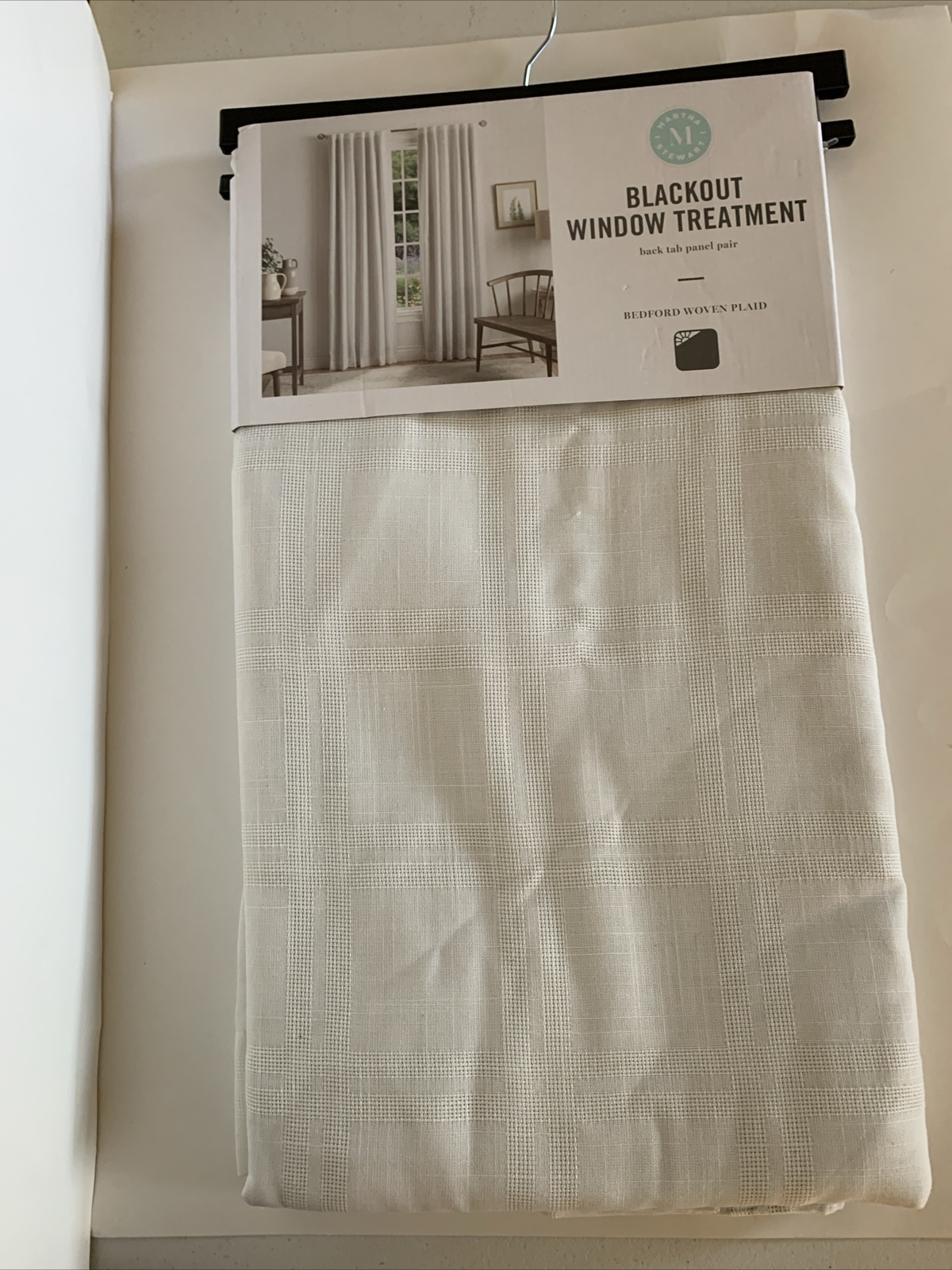 MARTHA STEWART Bedford Woven Plaid Blackout Back Tab Window Curtain Panels 95″