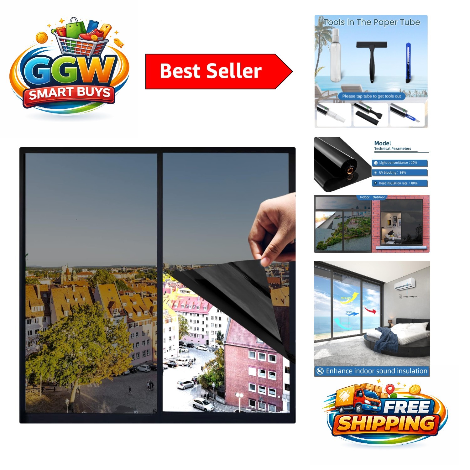 Peel & Stick Black Window Film – UV Blocking with Tools Included, 17.5 x 6.5 ft
