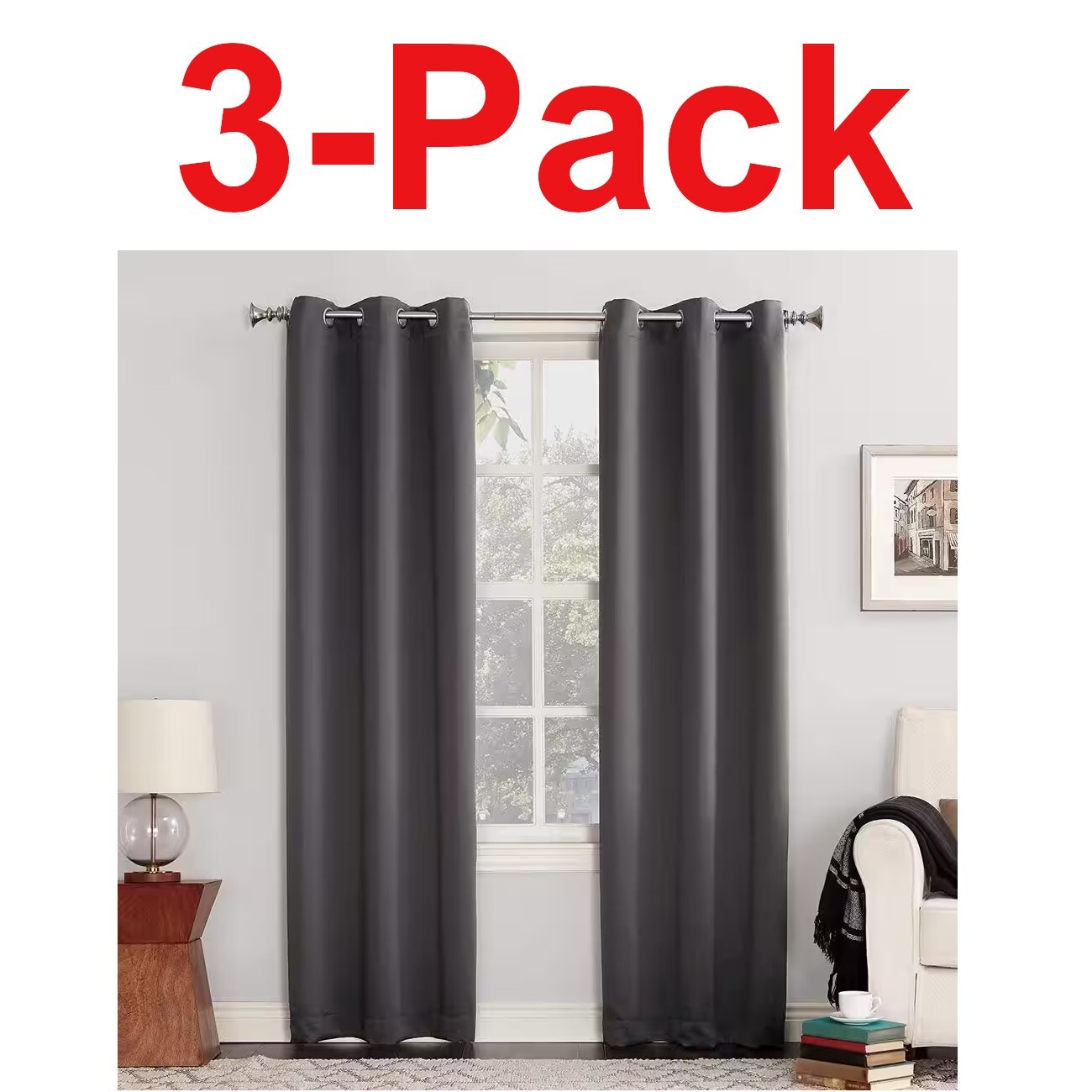 SUN ZERO 3-Pack Charcoal Woven Thermal Blackout Curtain – 40 in. W x 63 in. L